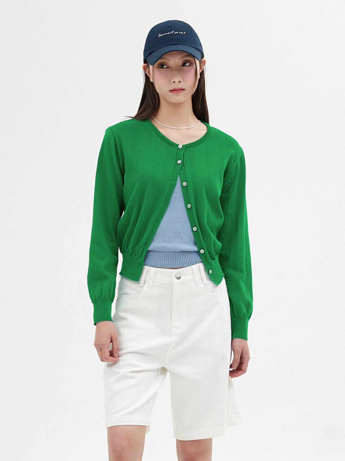 엘씨브이(LCVE) LINEN ROUND NECK CARDIGAN_GREEN