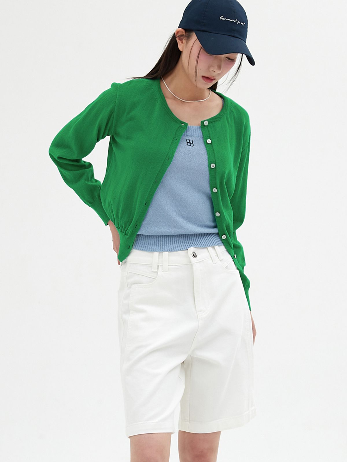 엘씨브이(LCVE) LINEN ROUND NECK CARDIGAN_GREEN