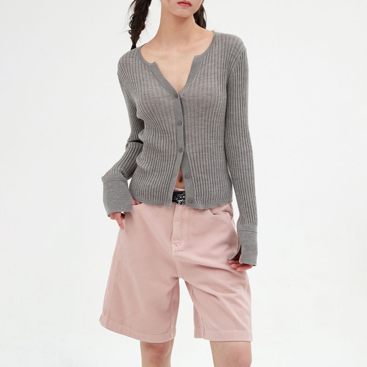 엘씨브이(LCVE) FRILL SLEEVE WOOL CARDIGAN TOP_GRAY