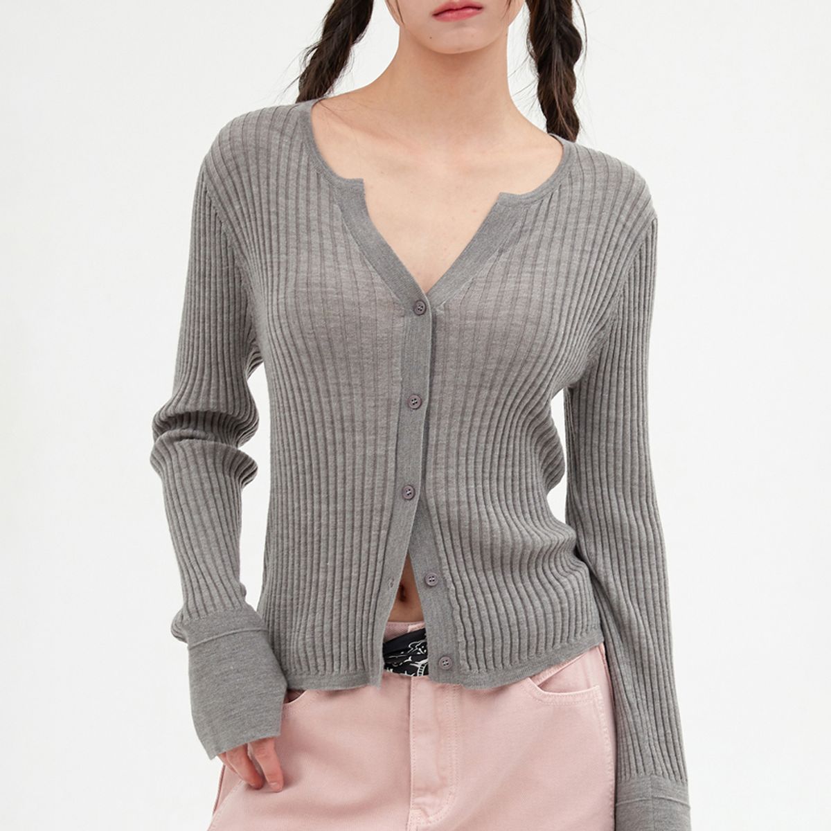 엘씨브이(LCVE) FRILL SLEEVE WOOL CARDIGAN TOP_GRAY