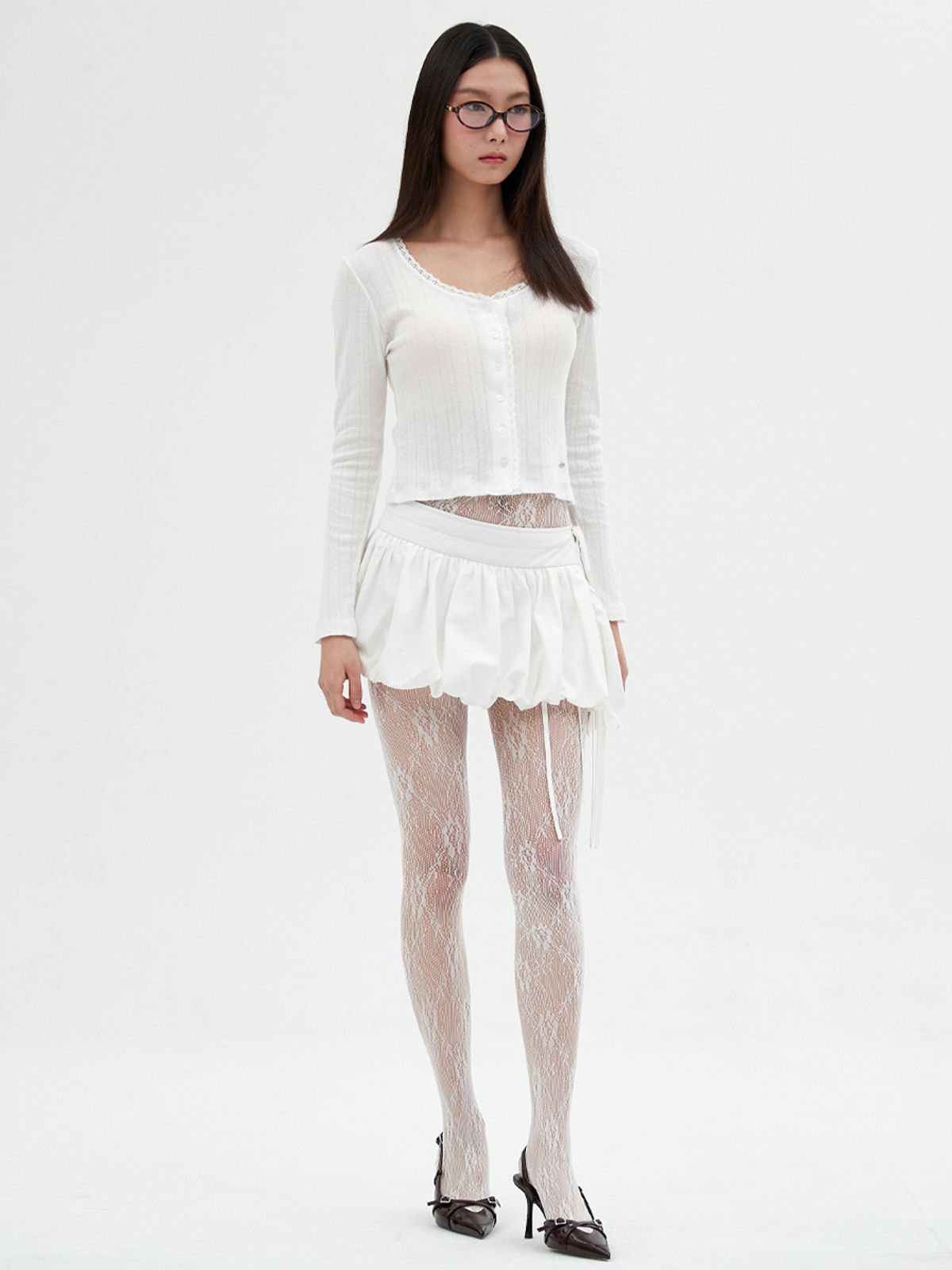 엘씨브이(LCVE) LACE-TRIMMED BUTTON LONG-SLEEVE TOP_IVORY