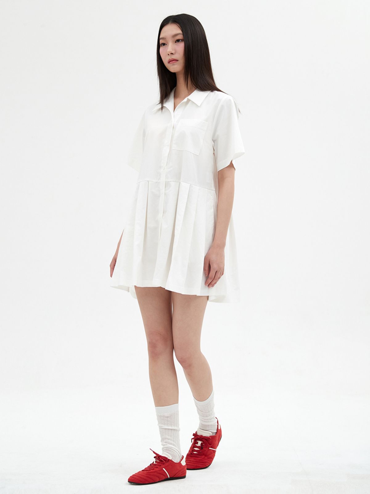 엘씨브이(LCVE) PLEATED SKIRT SHIRT DRESS_WHITE