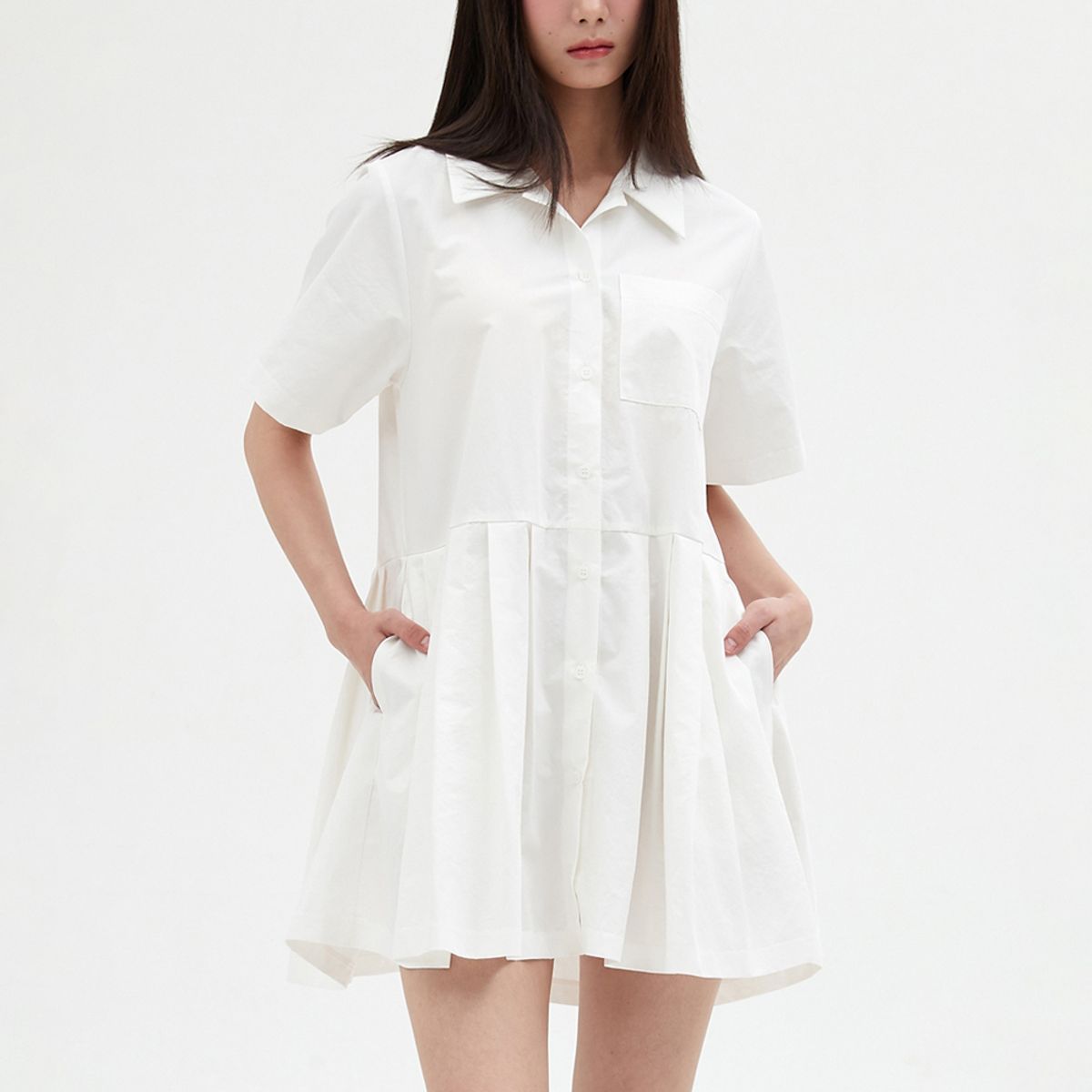 엘씨브이(LCVE) PLEATED SKIRT SHIRT DRESS_WHITE
