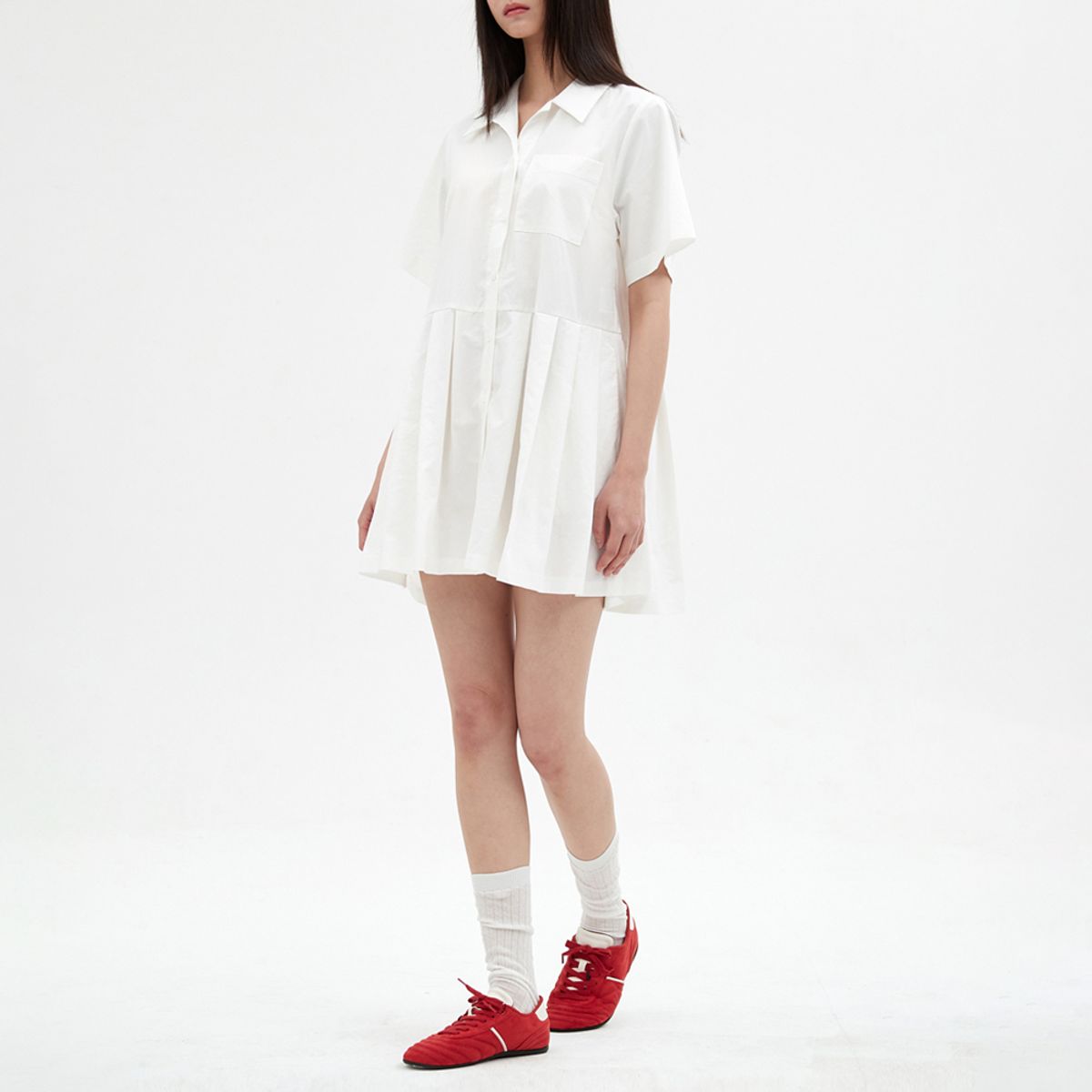 엘씨브이(LCVE) PLEATED SKIRT SHIRT DRESS_WHITE