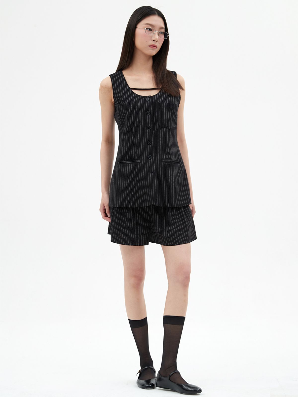 엘씨브이(LCVE) TAILORED LINEN STRIPE SINGLE VEST_BLACK
