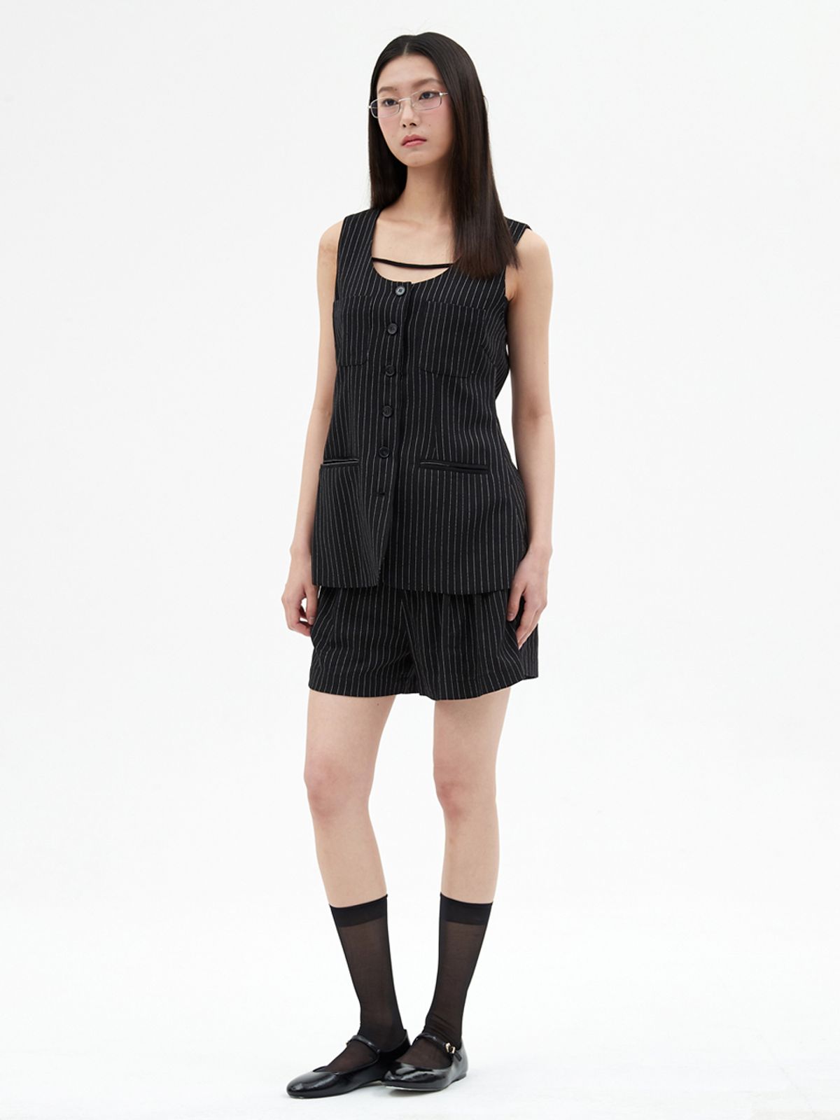 엘씨브이(LCVE) TAILORED LINEN STRIPE SINGLE VEST_BLACK