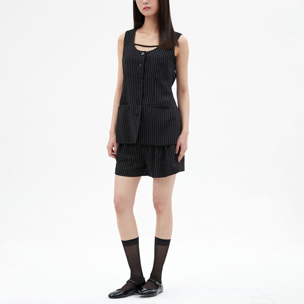 엘씨브이(LCVE) TAILORED LINEN STRIPE SINGLE VEST_BLACK