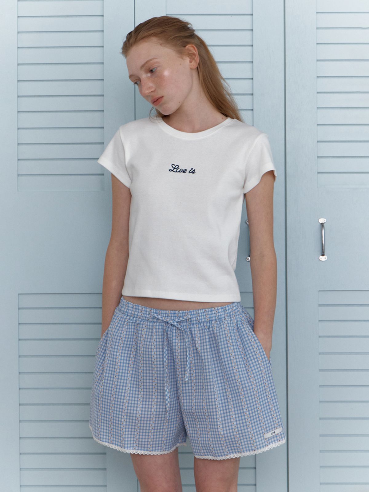 엘씨브이(LCVE) CHERRY CHECK BANDING SHORTS_SKYBLUE