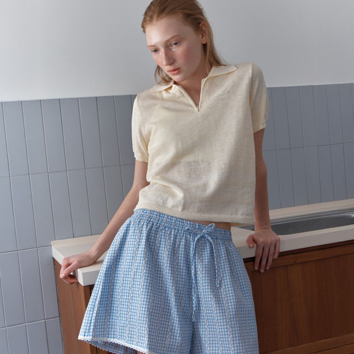 엘씨브이(LCVE) CHERRY CHECK BANDING SHORTS_SKYBLUE