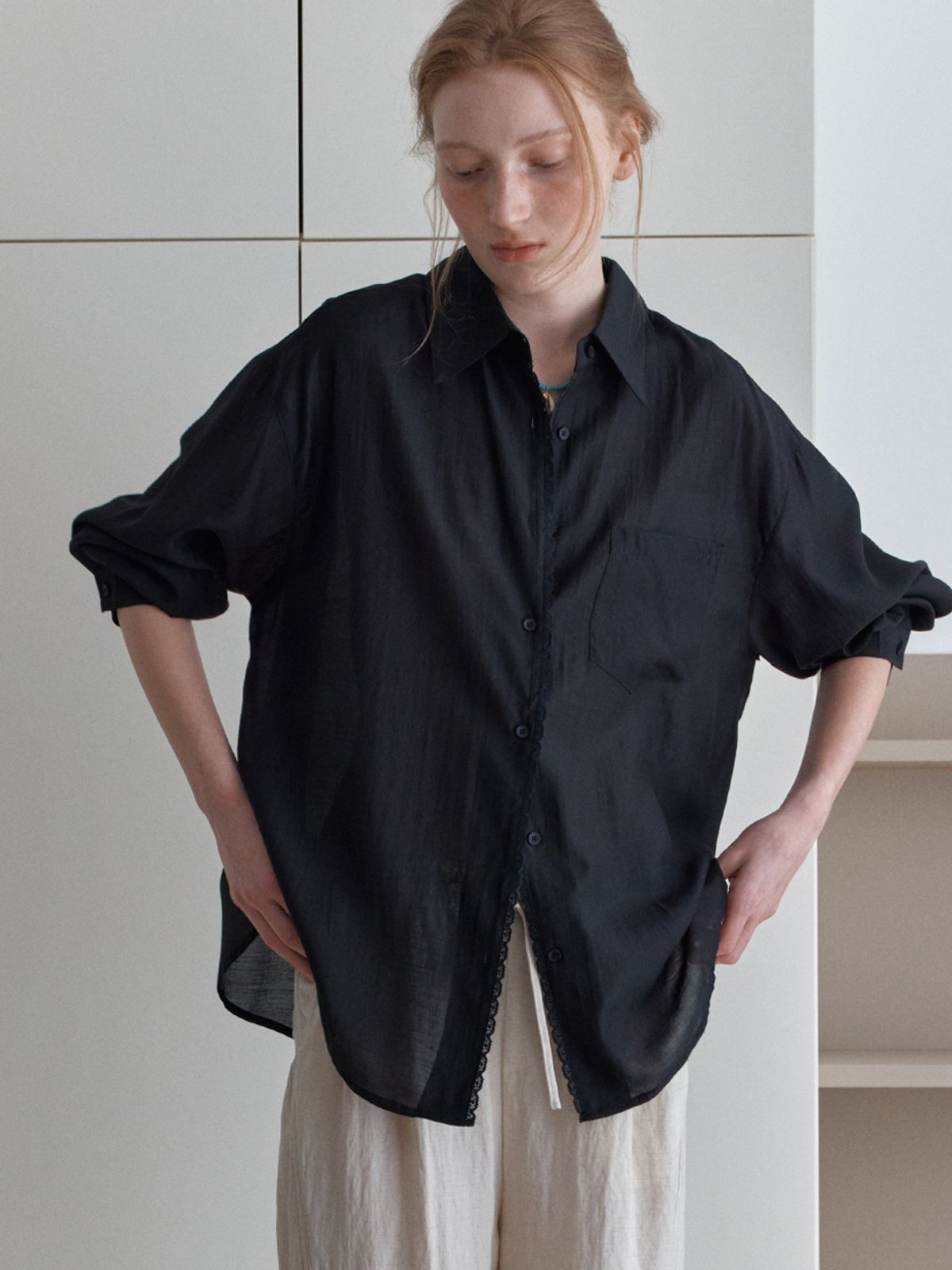 엘씨브이(LCVE) SEE-THROUGH TENCEL SILKY SHIRT_BLACK