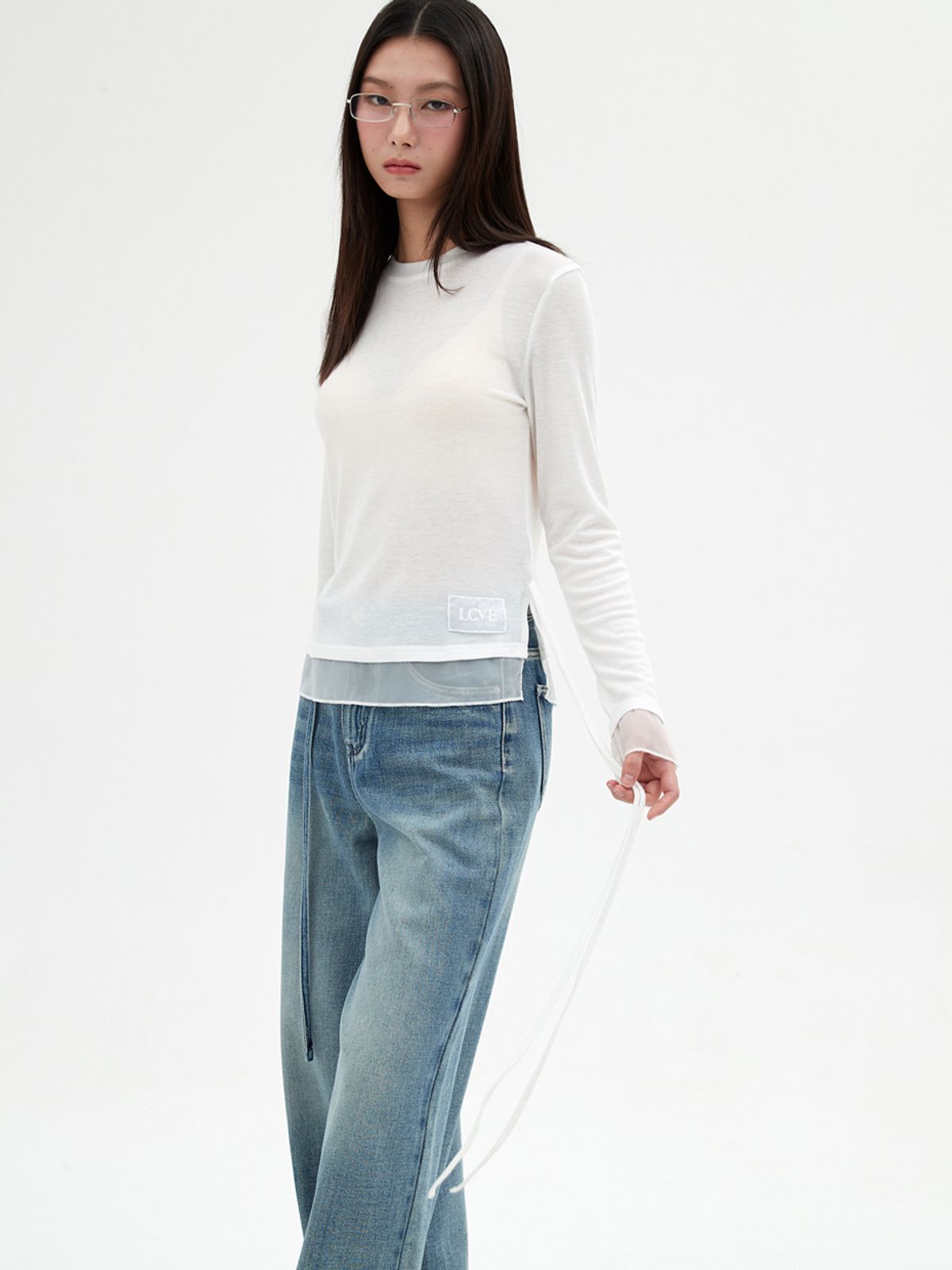 엘씨브이(LCVE) CHIFFON DETAIL LONG-SLEEVE TOP_IVORY