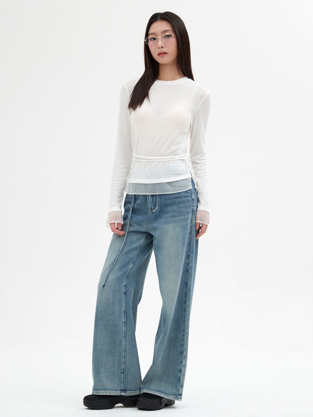 엘씨브이(LCVE) CHIFFON DETAIL LONG-SLEEVE TOP_IVORY
