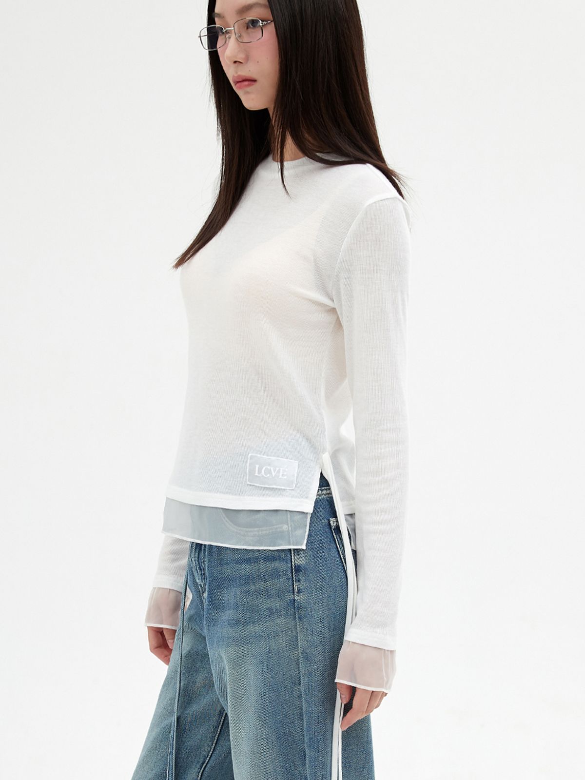 엘씨브이(LCVE) CHIFFON DETAIL LONG-SLEEVE TOP_IVORY