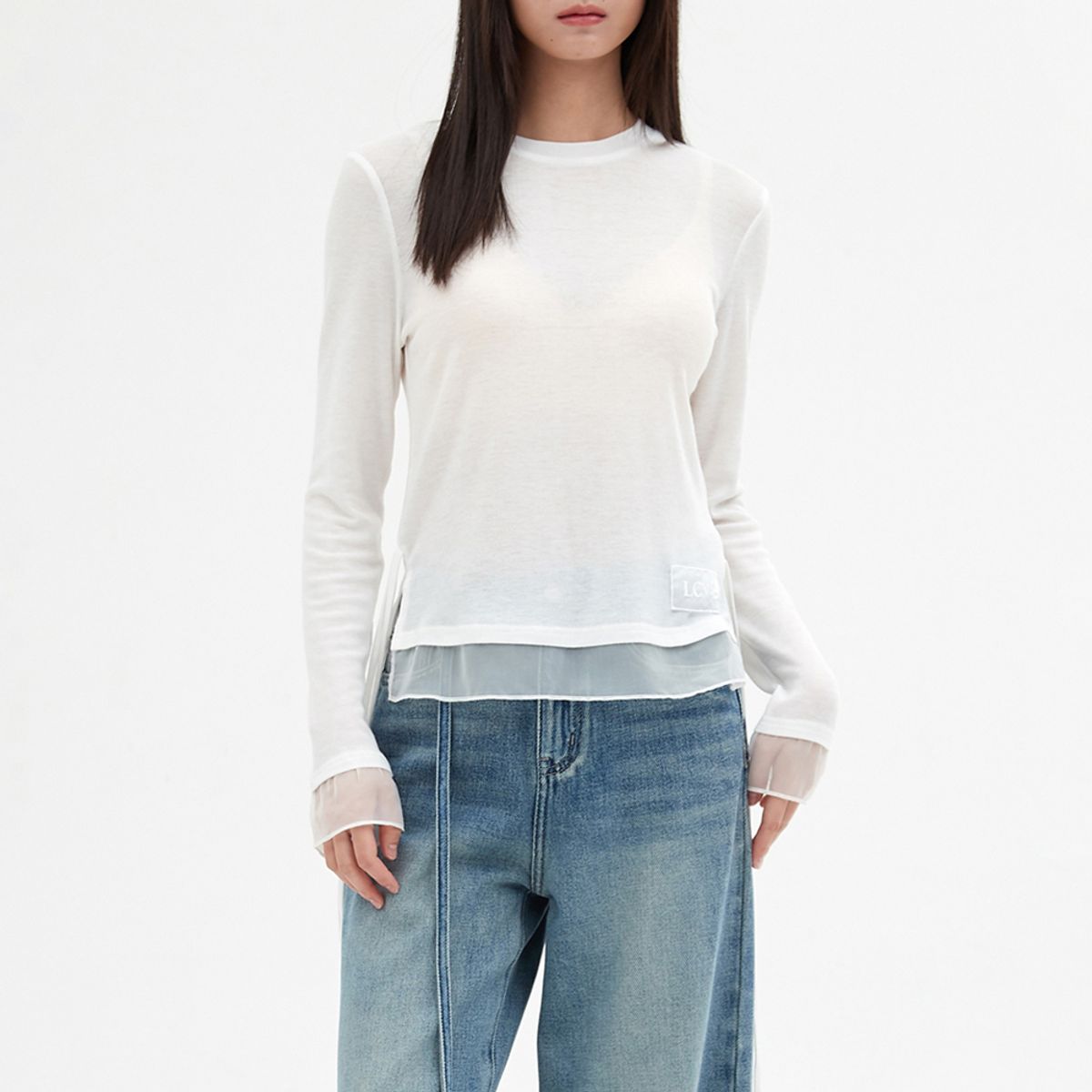 엘씨브이(LCVE) CHIFFON DETAIL LONG-SLEEVE TOP_IVORY