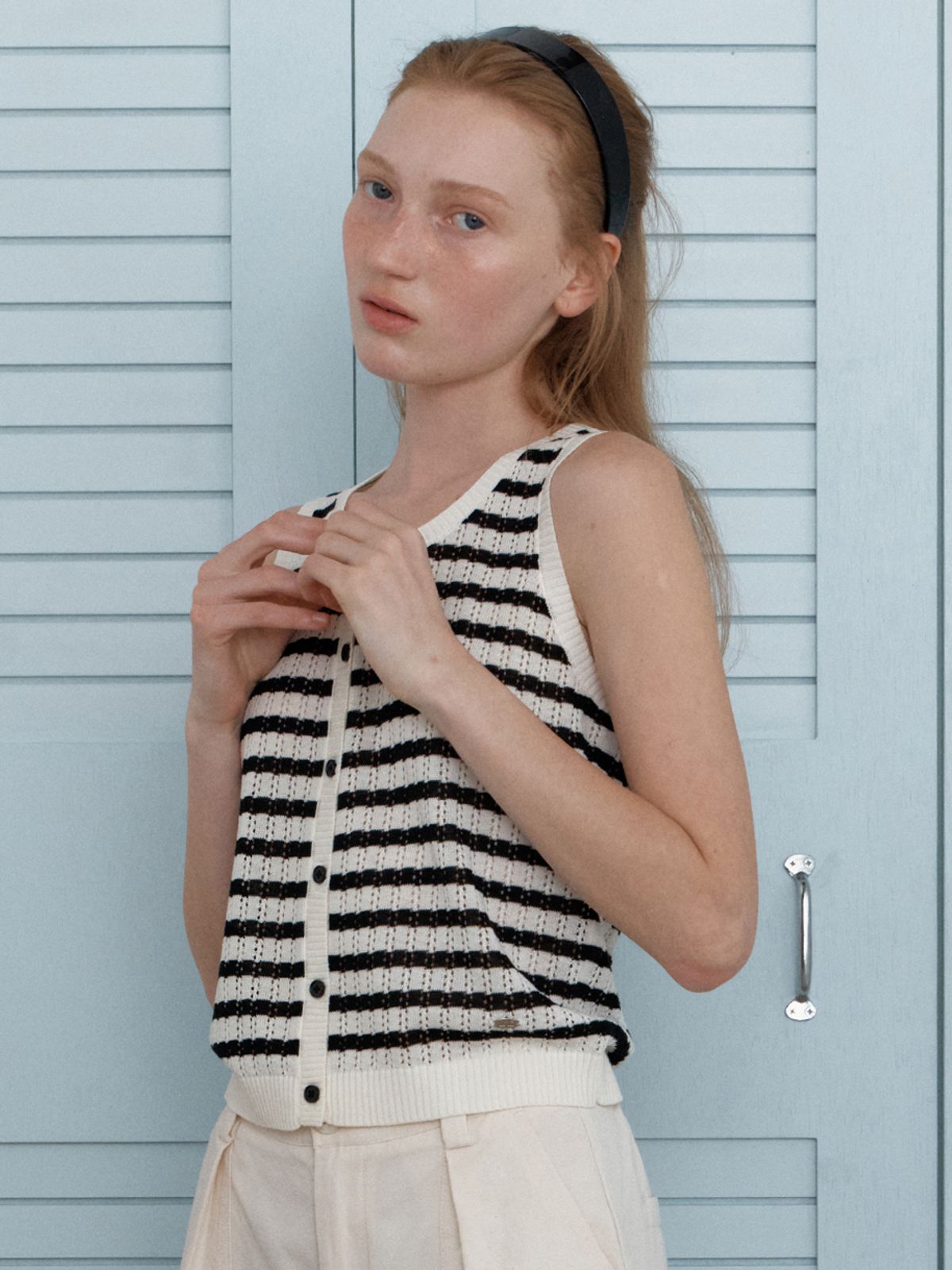 엘씨브이(LCVE) LINEN STRIPE SLEEVELESS KNIT_BLACK