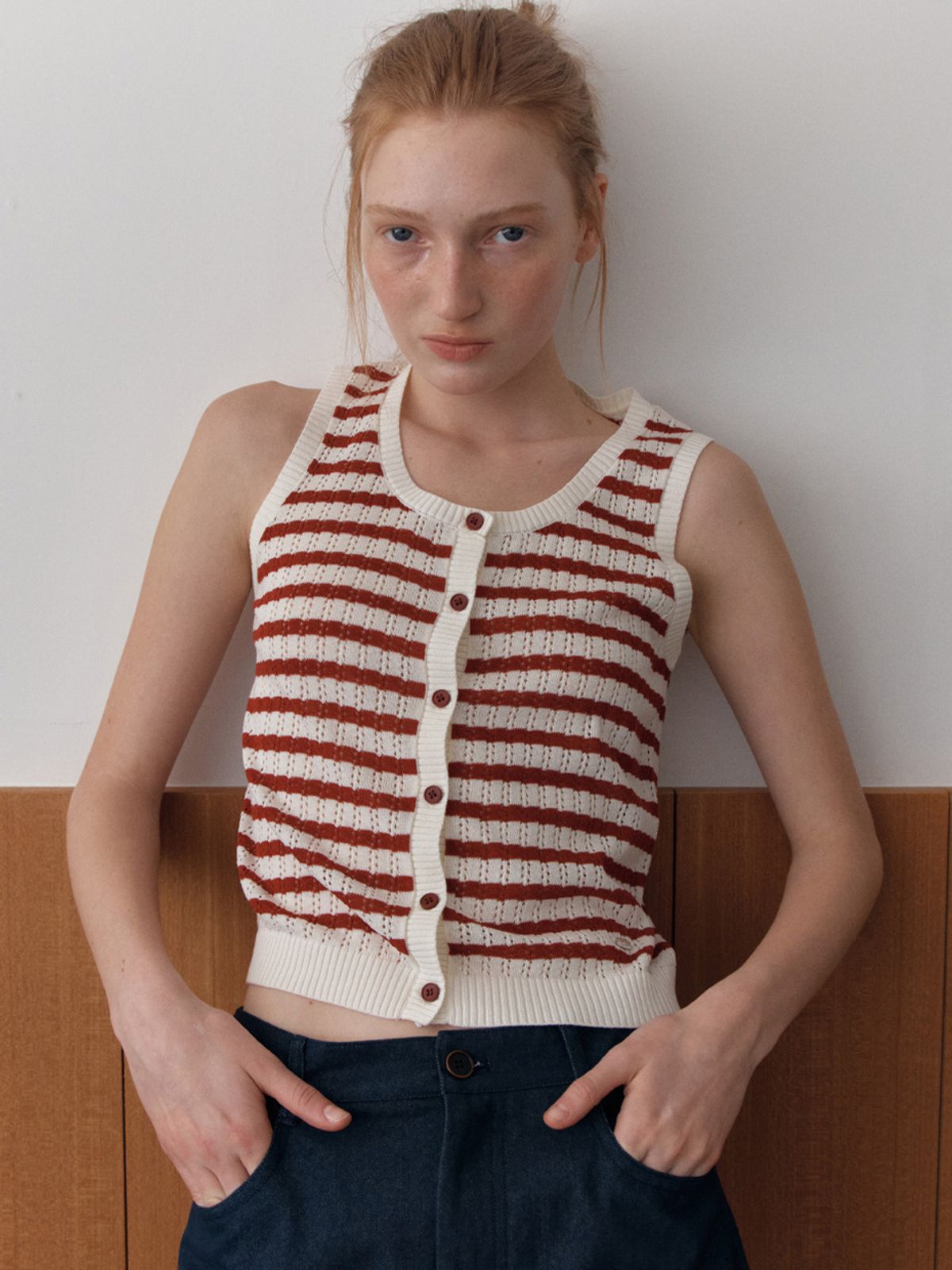 엘씨브이(LCVE) LINEN STRIPE SLEEVELESS KNIT_RED