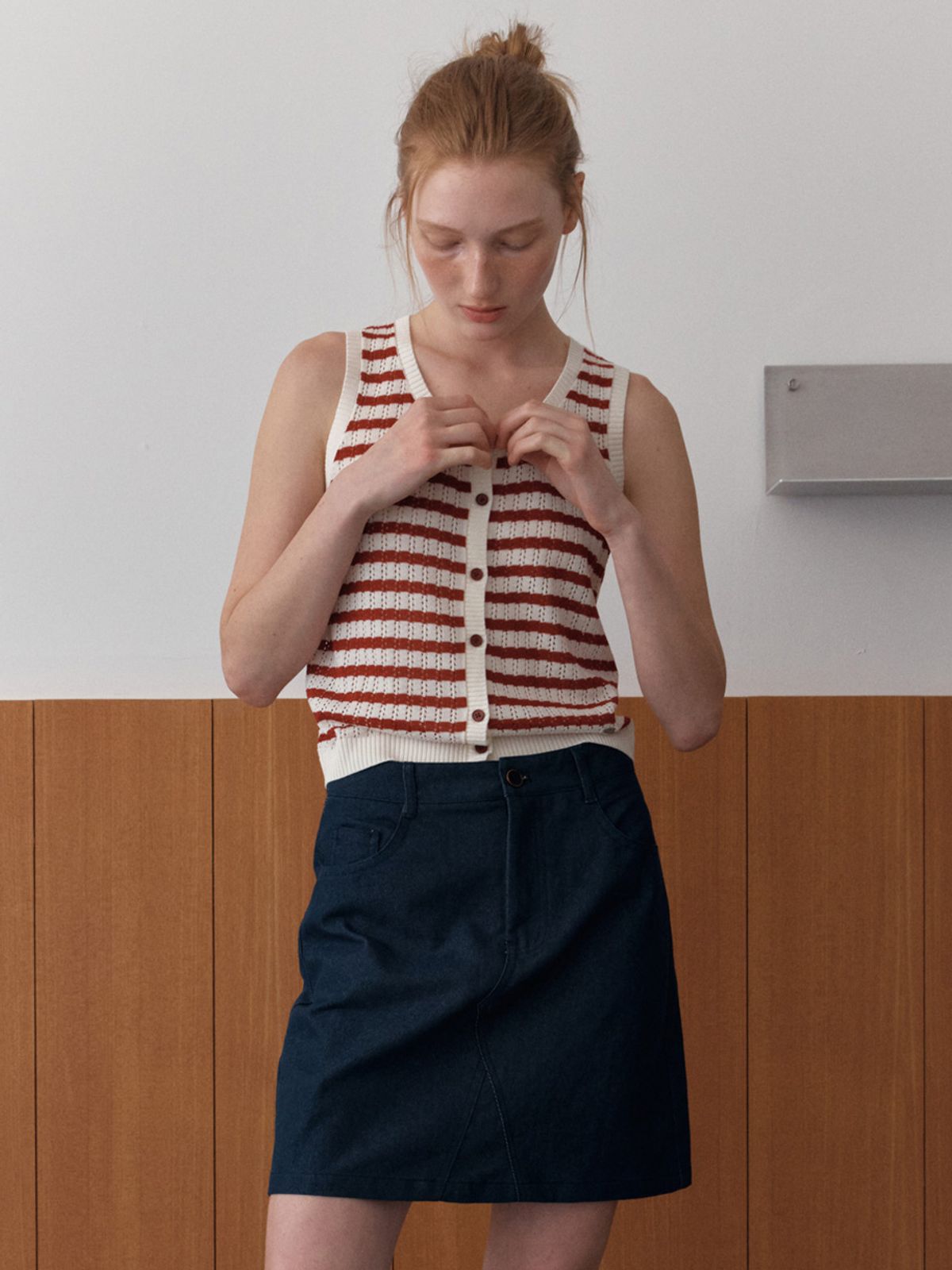 엘씨브이(LCVE) LINEN STRIPE SLEEVELESS KNIT_RED
