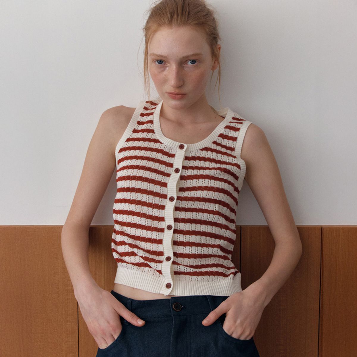 엘씨브이(LCVE) LINEN STRIPE SLEEVELESS KNIT_RED
