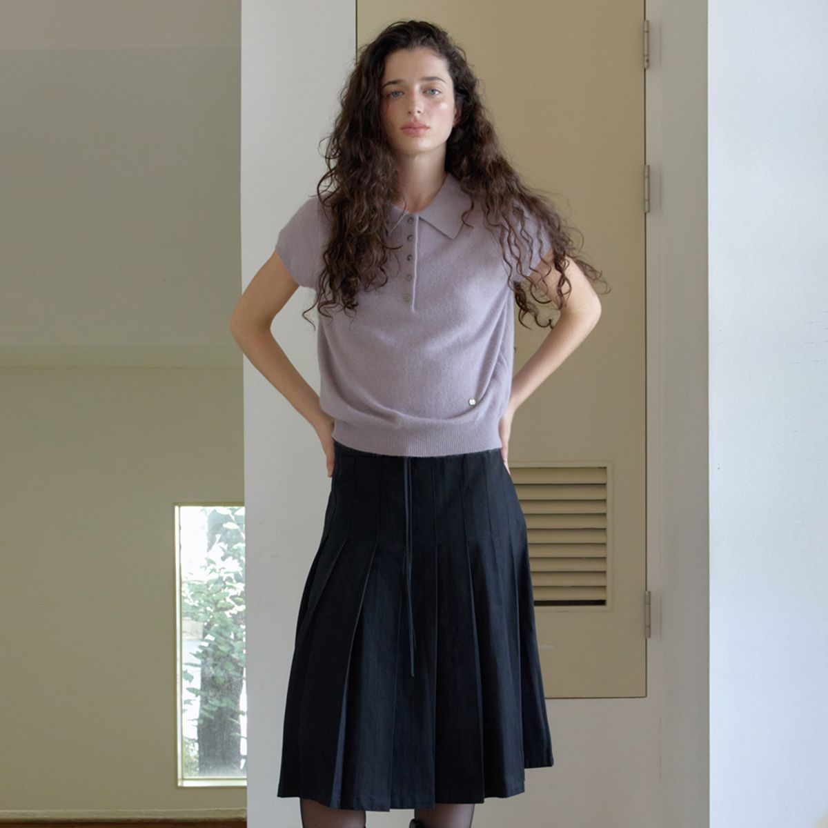 엘씨브이(LCVE) DRAWSTRING PLEATED SKIRT_BLACK