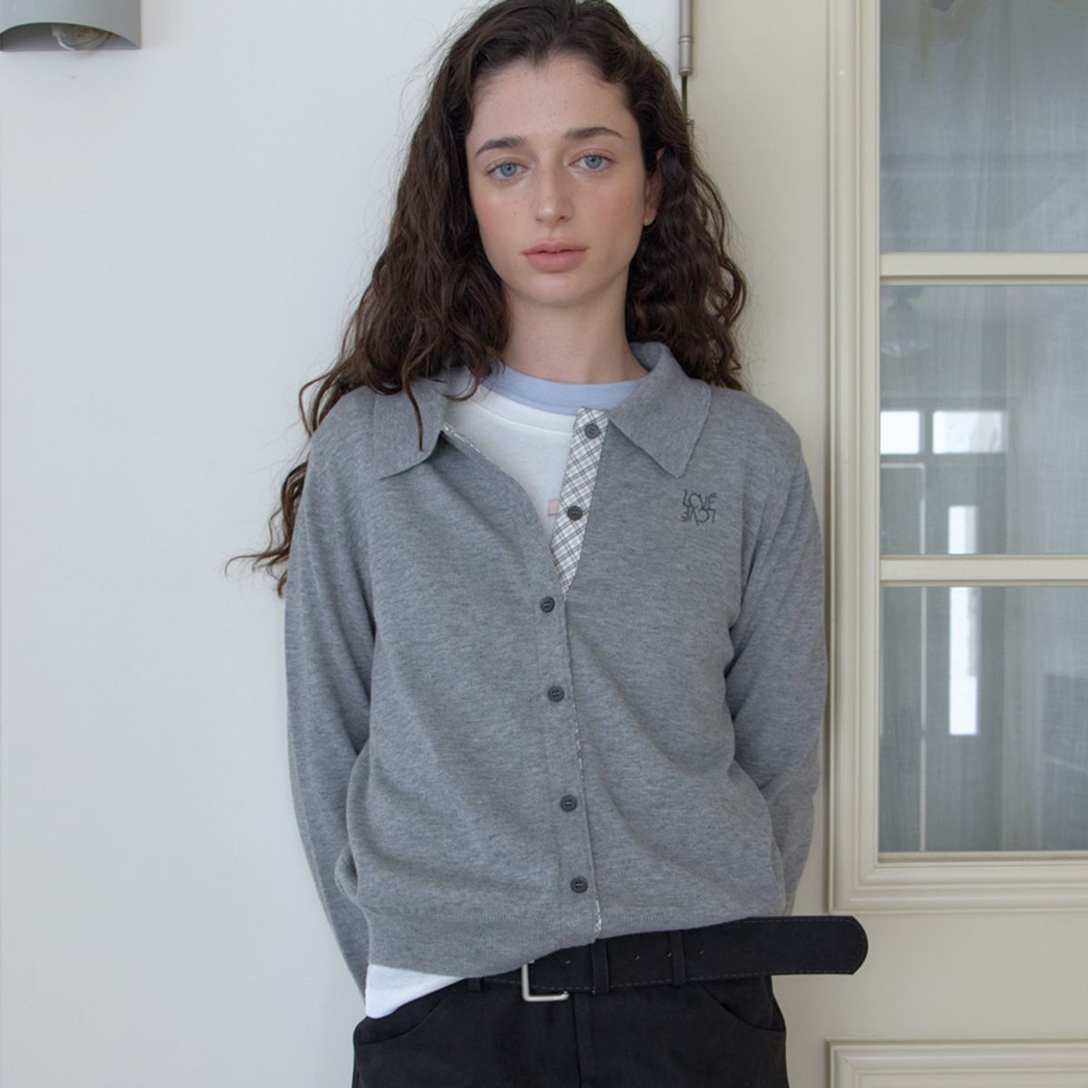 엘씨브이(LCVE) OPEN COLLAR KNIT CARDIGAN_GRAY