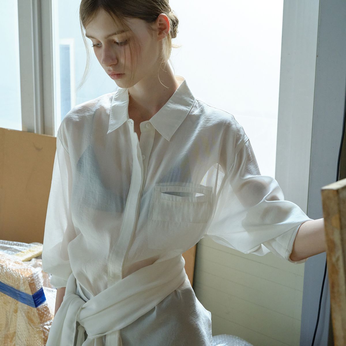 엘씨브이(LCVE) SHEER TENCEL BELT SHIRT_SKYBLUE [2COLORS]