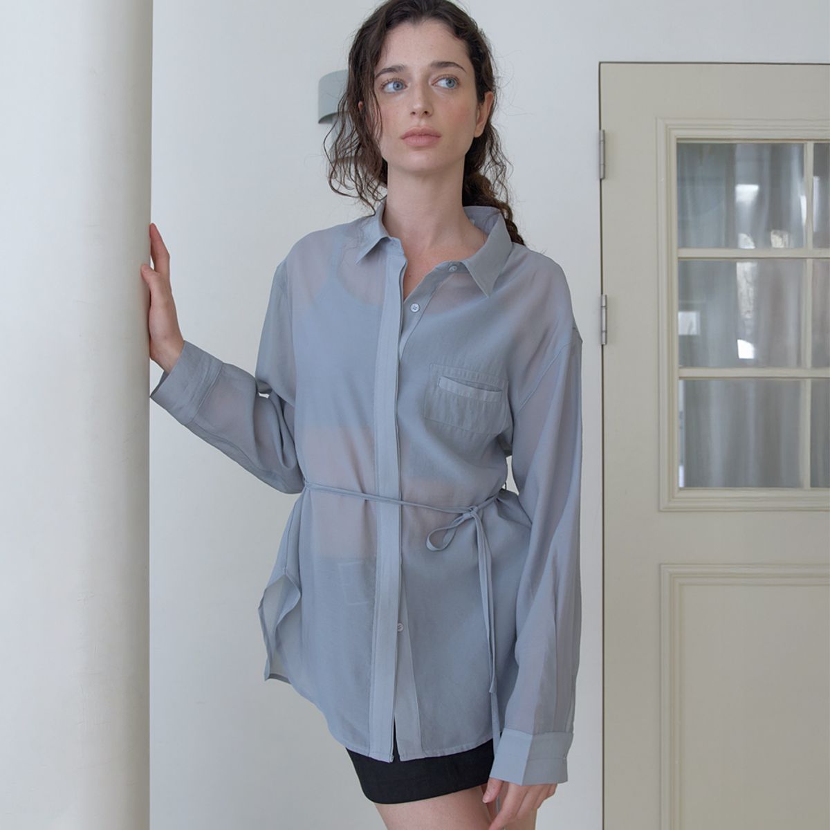 엘씨브이(LCVE) SHEER TENCEL BELT SHIRT_SKYBLUE [2COLORS]