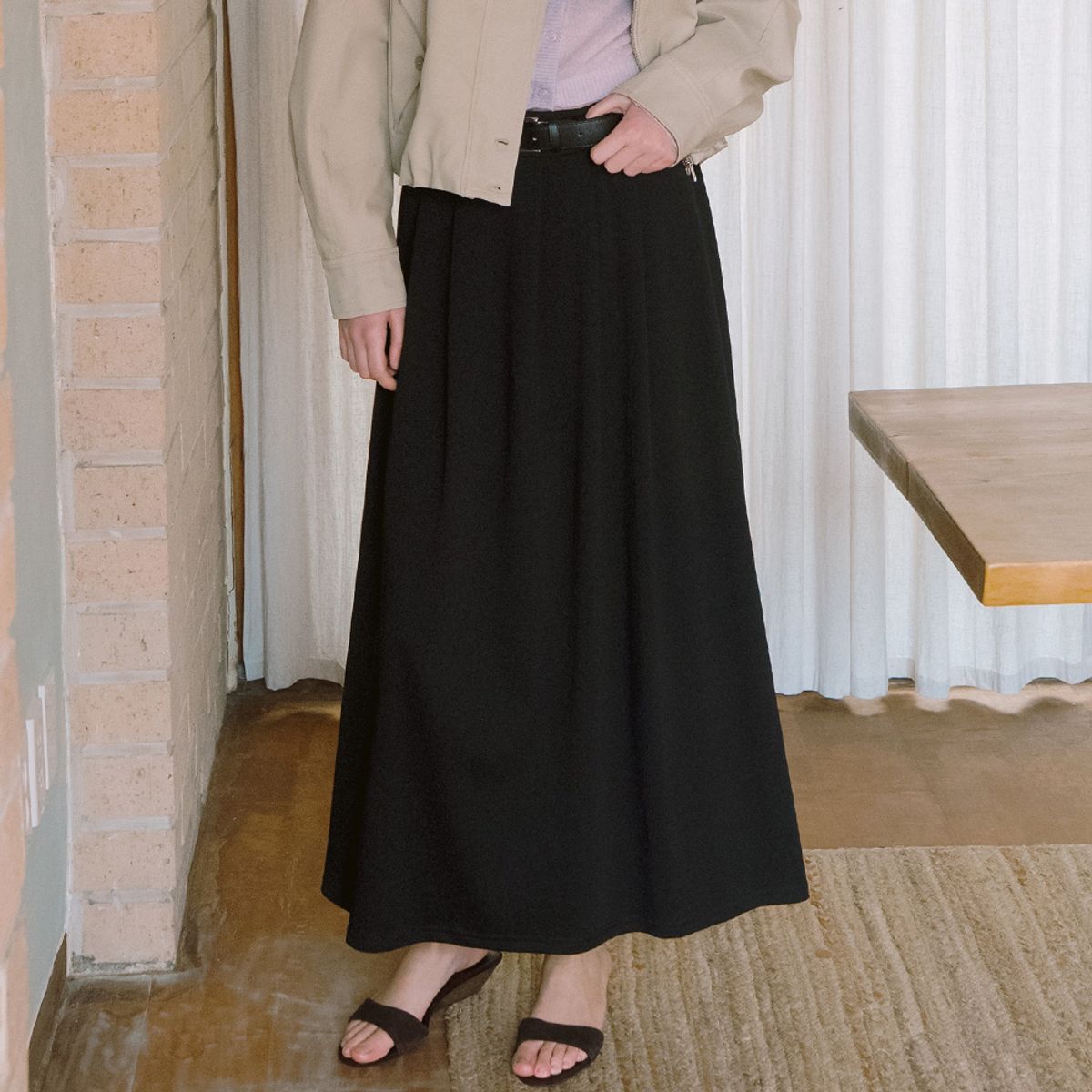 엘씨브이(LCVE) PLEATS JERSEY LONG SKIRT_BLACK