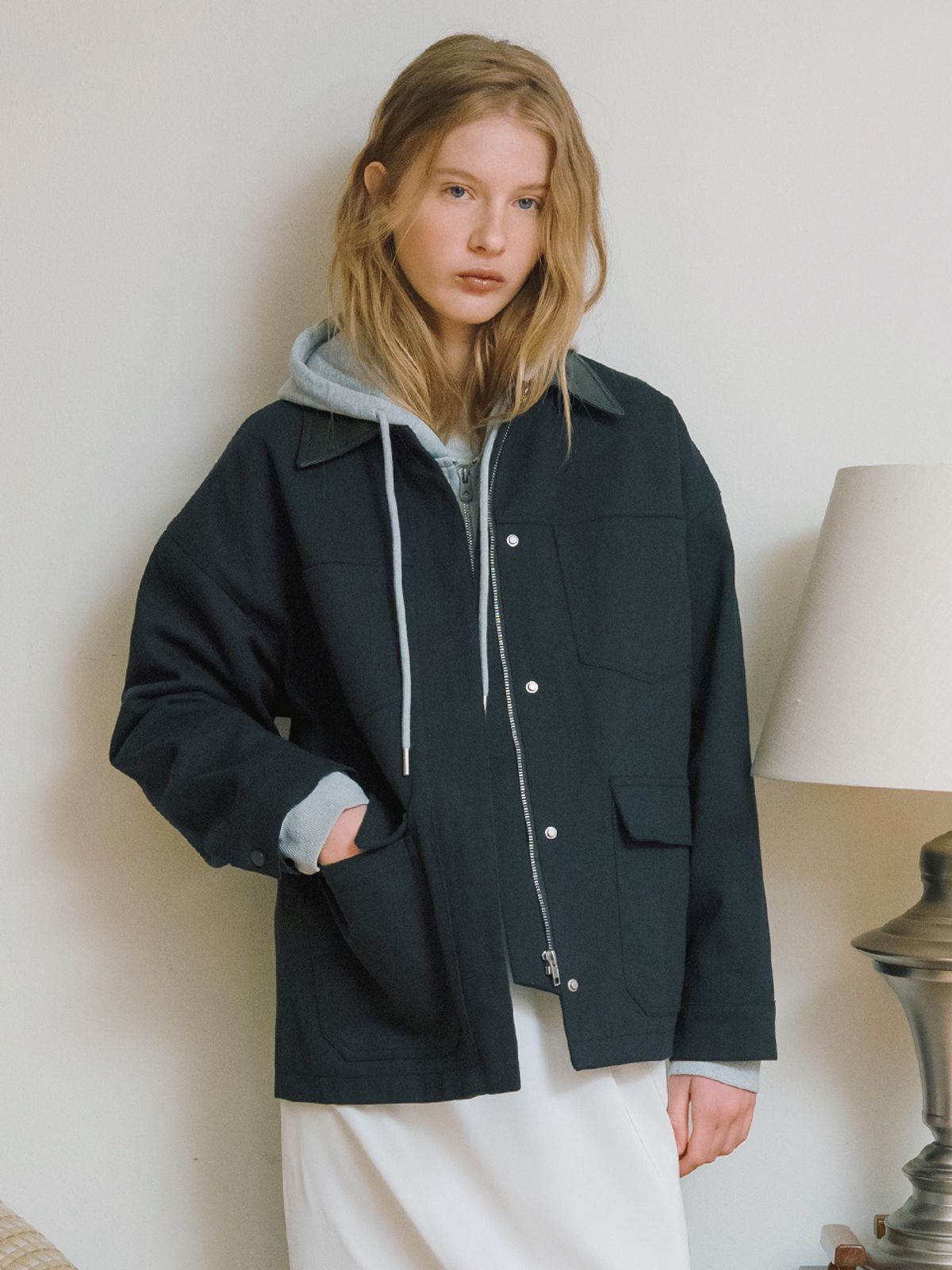 엘씨브이(LCVE) LEATHER COLLAR WORK JACKET_NAVY