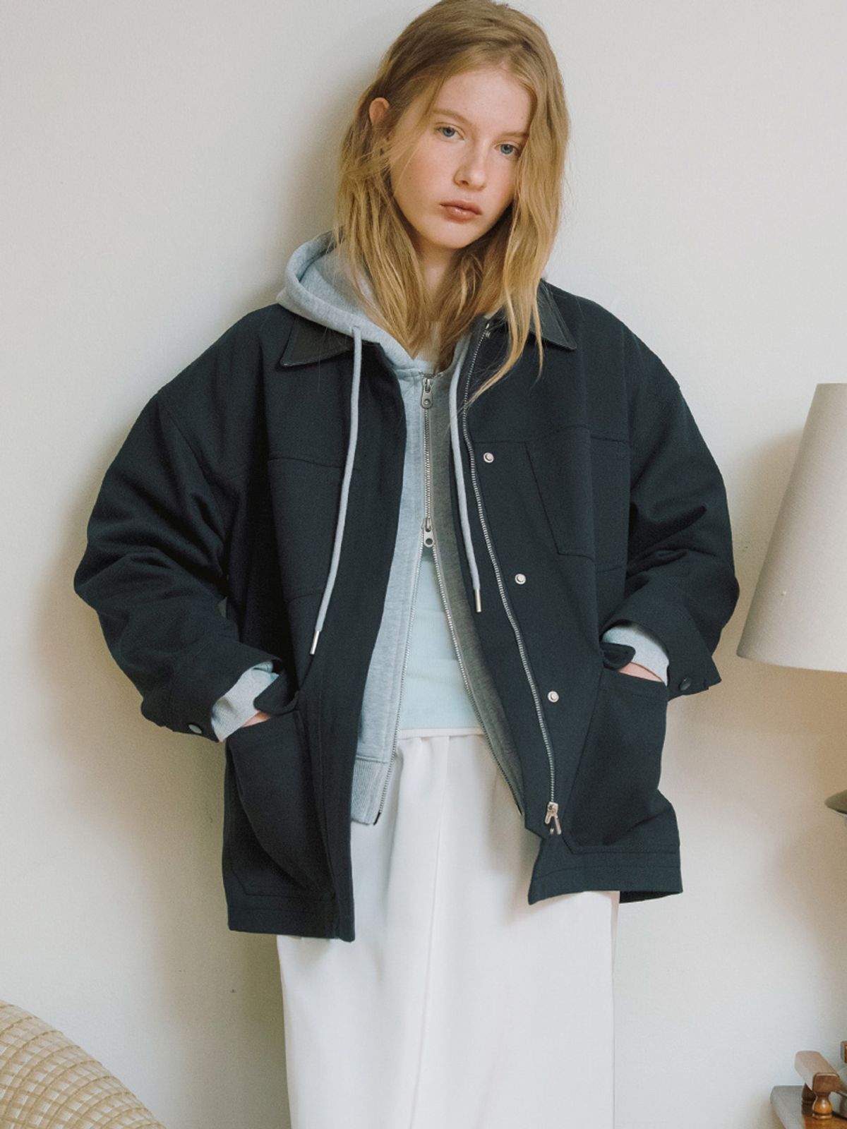 엘씨브이(LCVE) LEATHER COLLAR WORK JACKET_NAVY