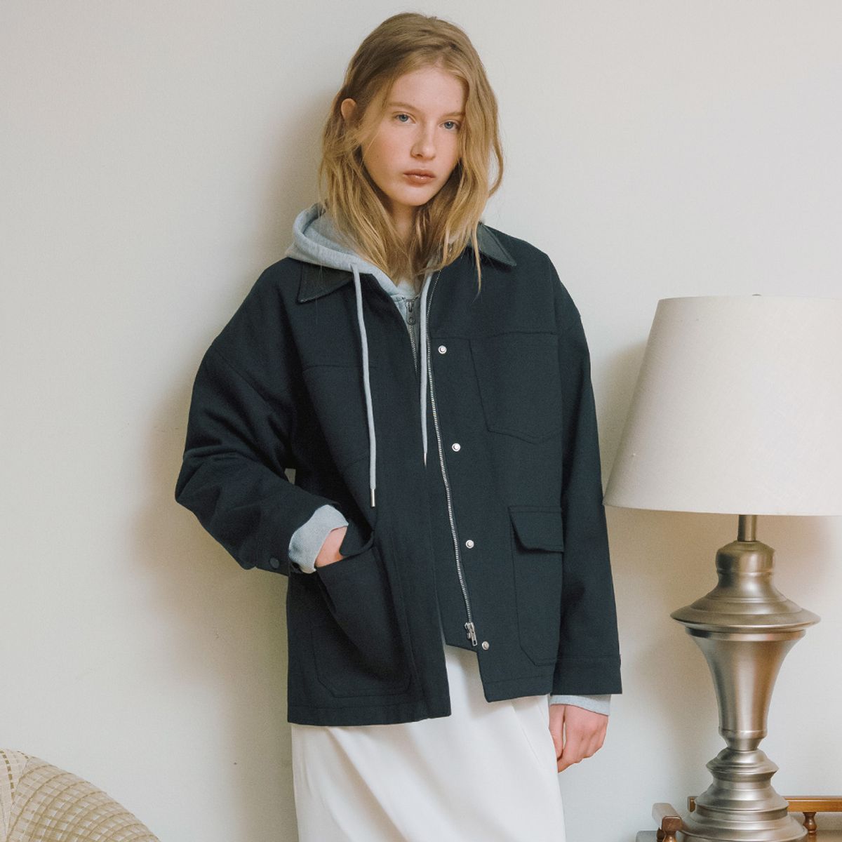 엘씨브이(LCVE) LEATHER COLLAR WORK JACKET_NAVY