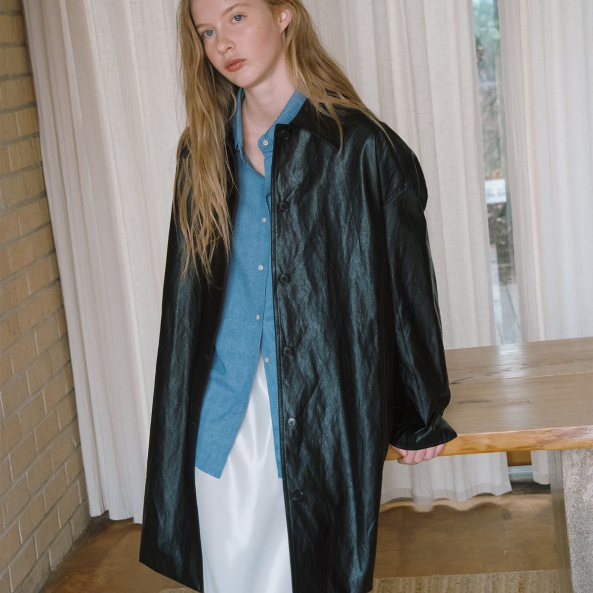 엘씨브이(LCVE) SINGLE LEATHER LONG COAT_BLACK