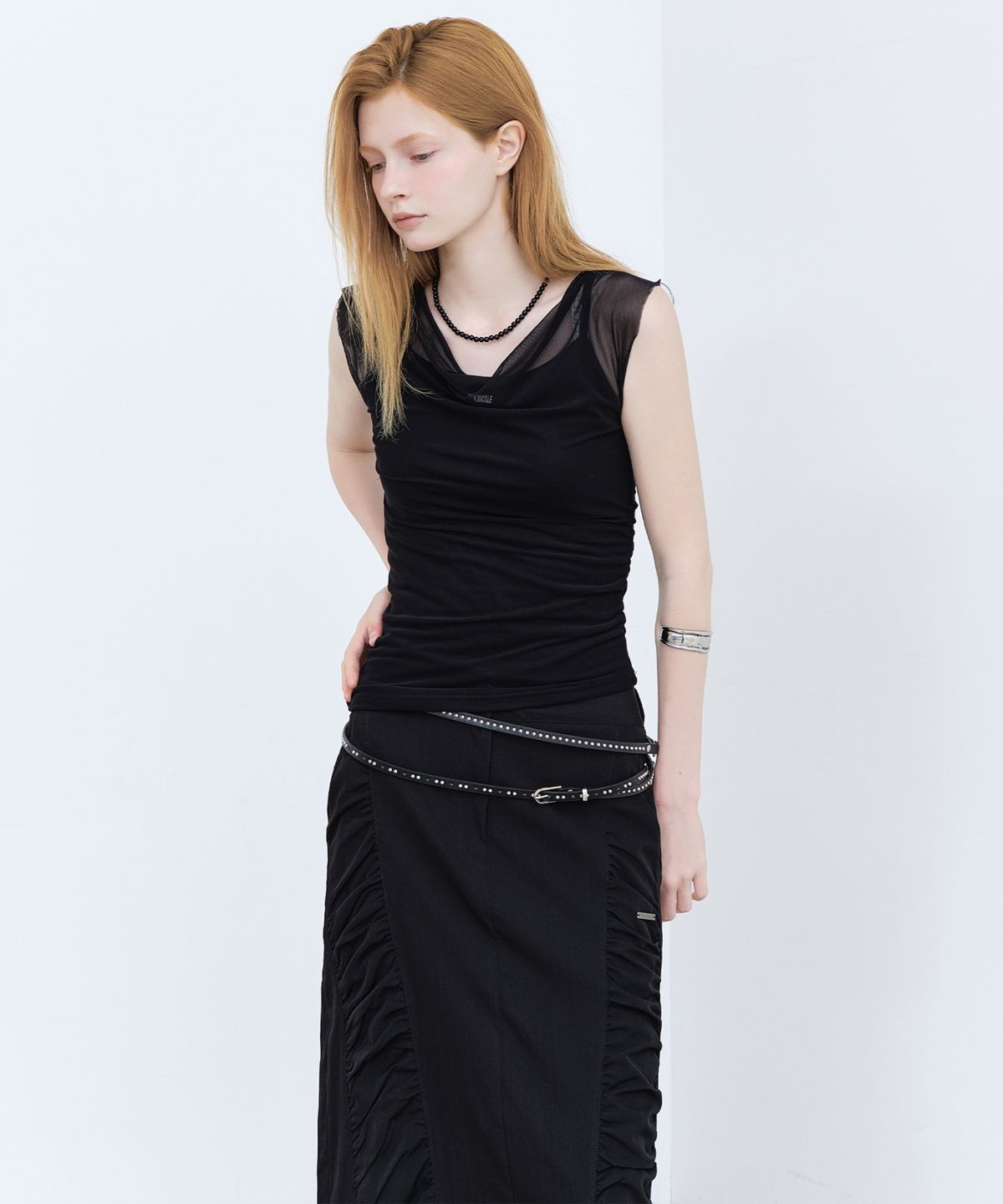 닉앤니콜(NICK&NICOLE) SHIRRING PANEL LONG SKIRT_BLACK