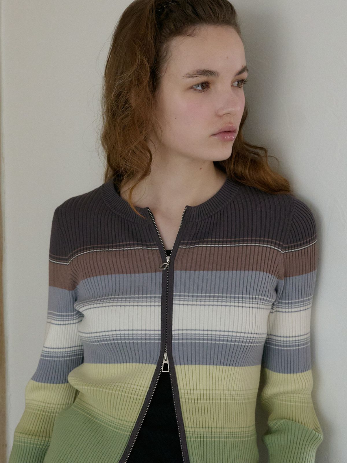 엘씨브이(LCVE) STRIPE ZIP-UP KNIT CARDIGAN_GREEN