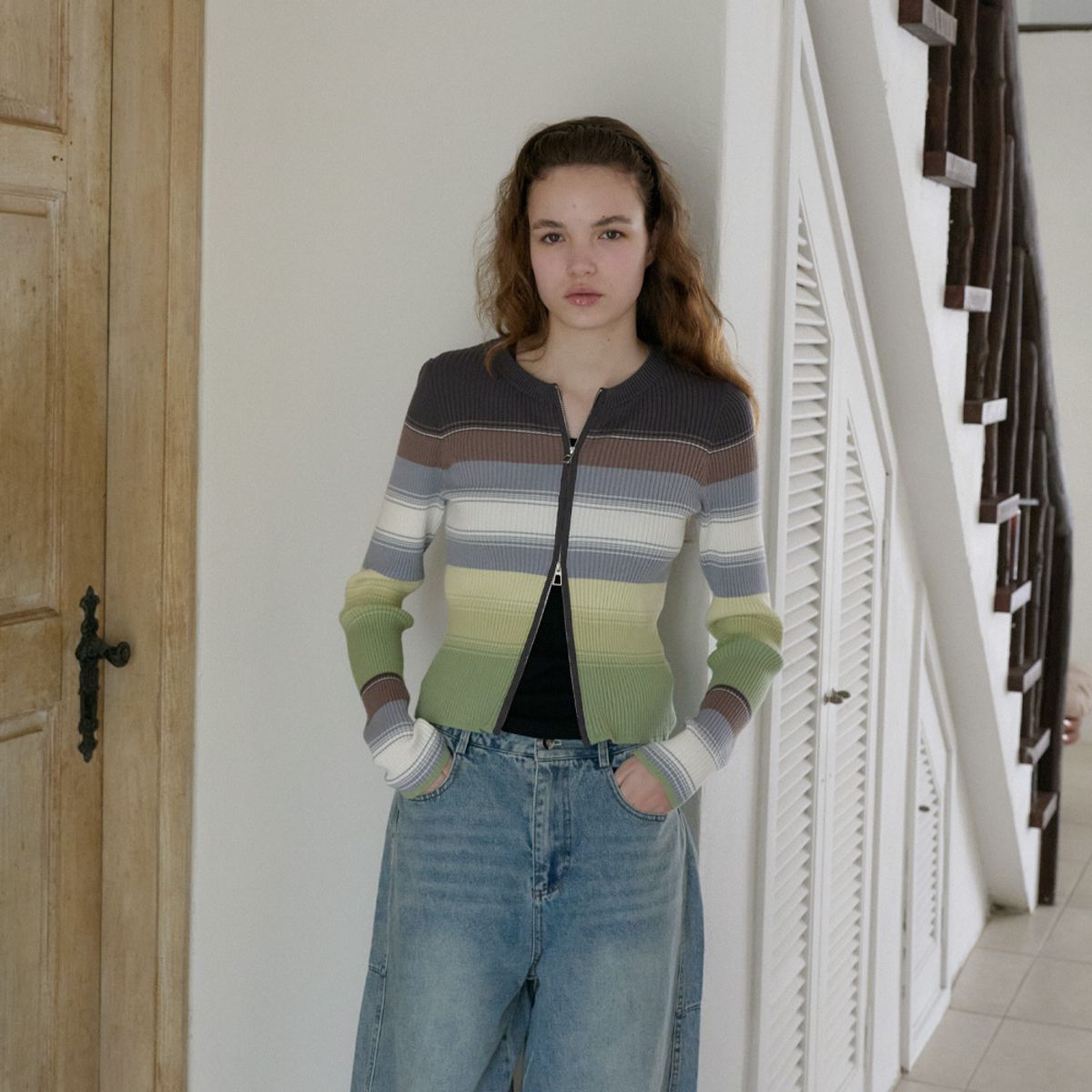 엘씨브이(LCVE) STRIPE ZIP-UP KNIT CARDIGAN_GREEN