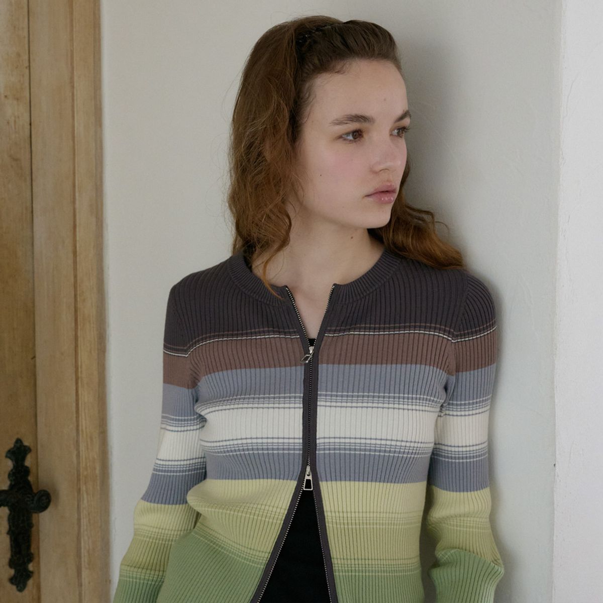 엘씨브이(LCVE) STRIPE ZIP-UP KNIT CARDIGAN_GREEN