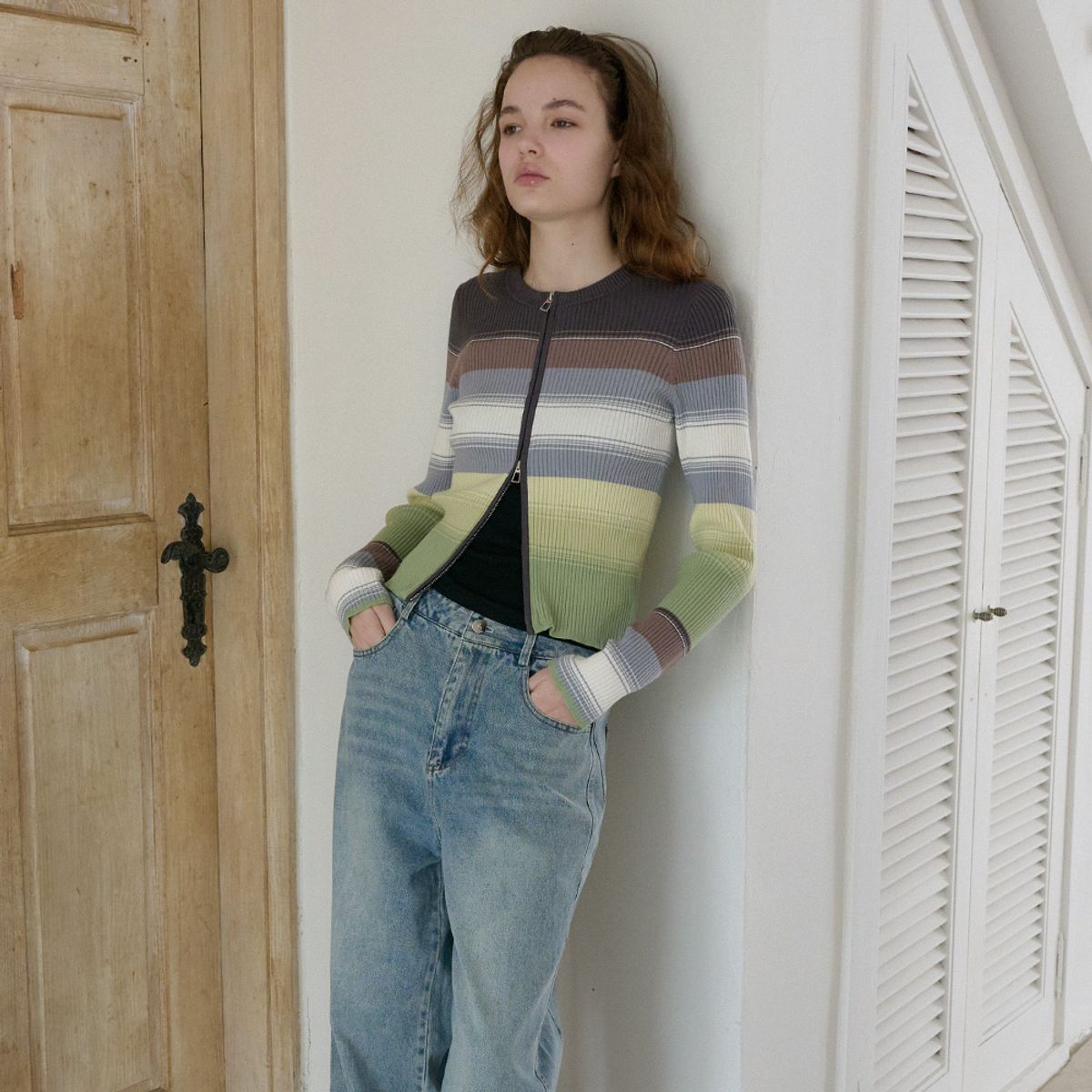 엘씨브이(LCVE) STRIPE ZIP-UP KNIT CARDIGAN_GREEN