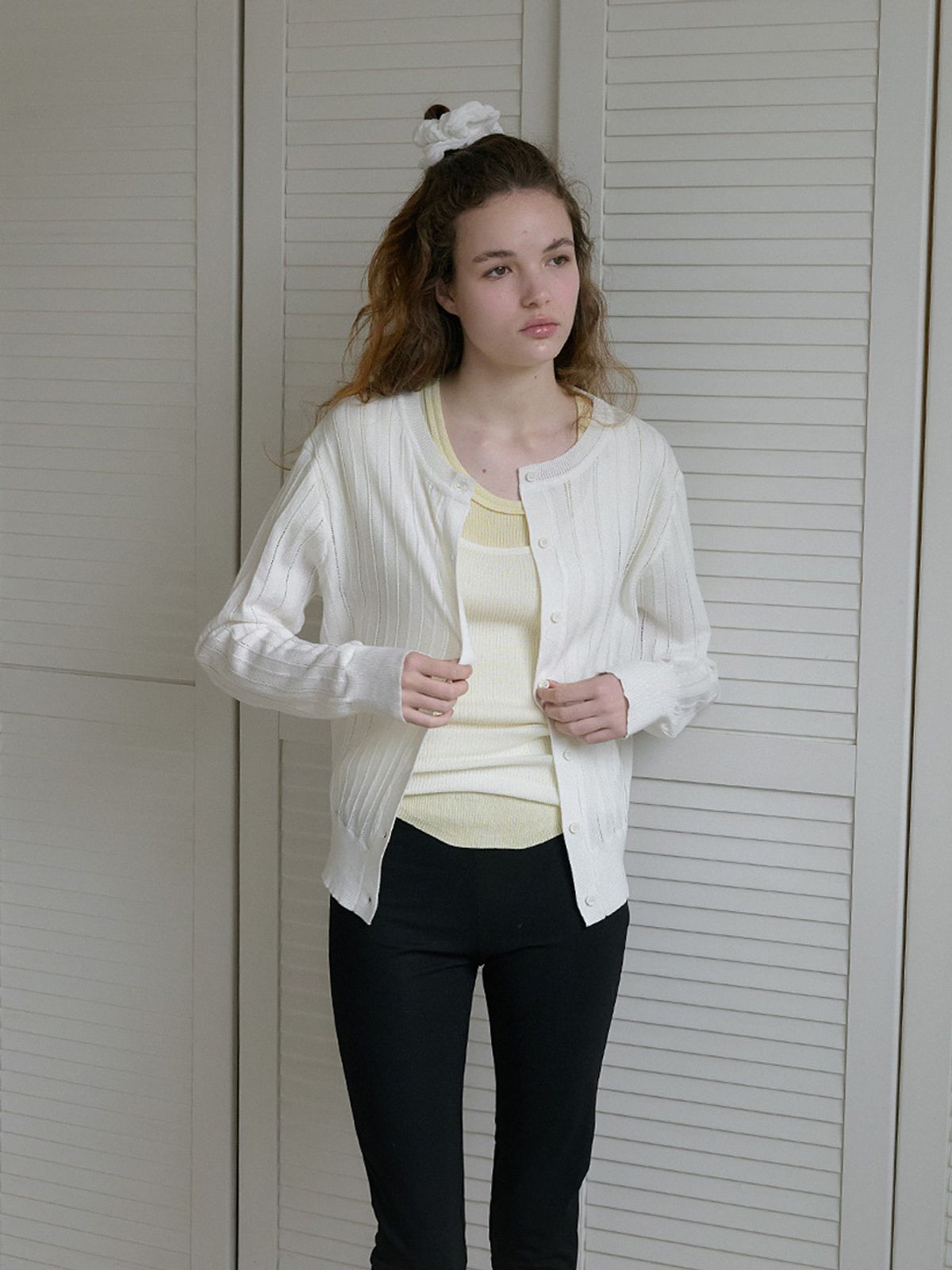 엘씨브이(LCVE) EYELET STITCH KNIT CARDIGAN_IVORY