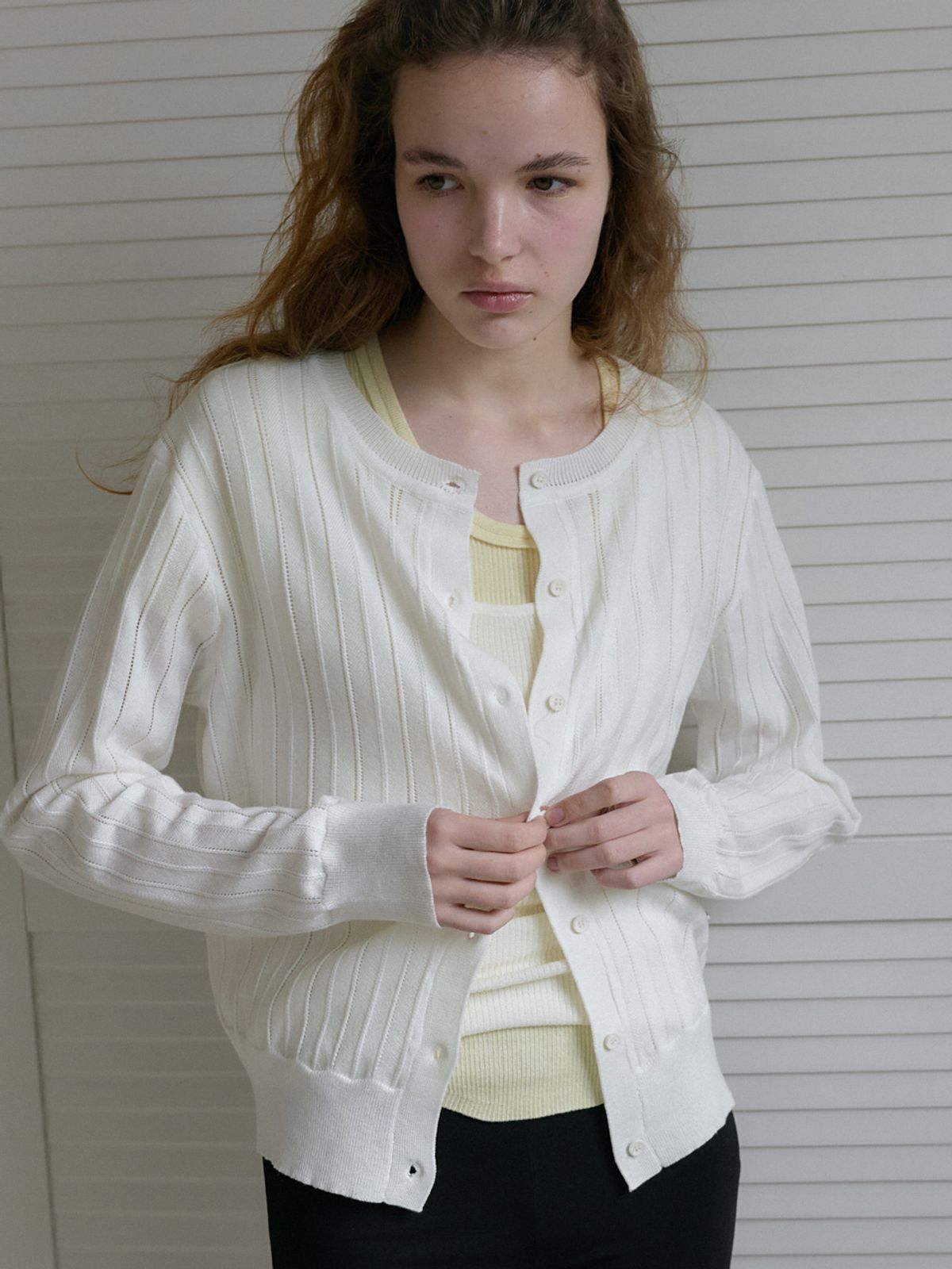 엘씨브이(LCVE) EYELET STITCH KNIT CARDIGAN_IVORY