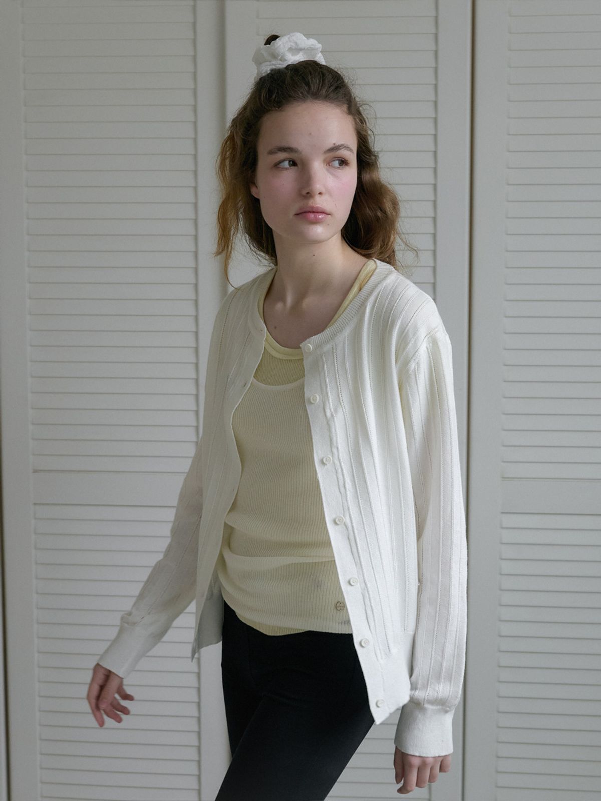 엘씨브이(LCVE) EYELET STITCH KNIT CARDIGAN_IVORY