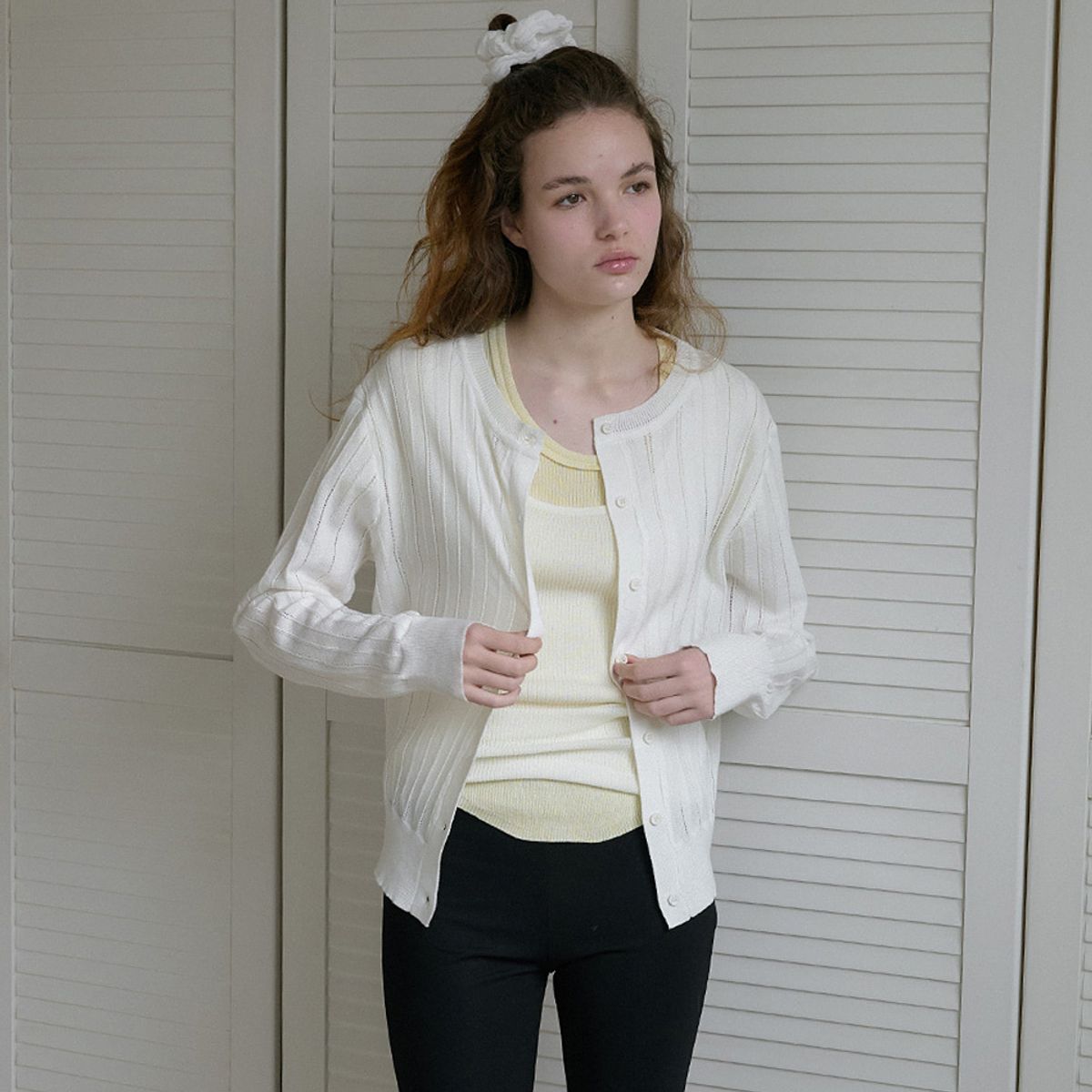 엘씨브이(LCVE) EYELET STITCH KNIT CARDIGAN_IVORY