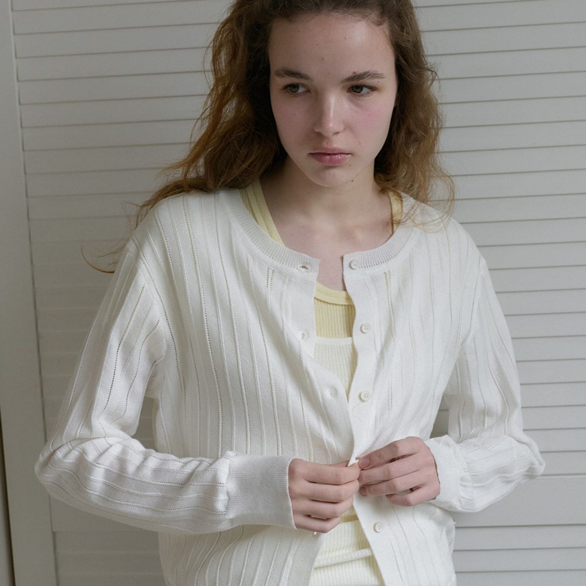 엘씨브이(LCVE) EYELET STITCH KNIT CARDIGAN_IVORY