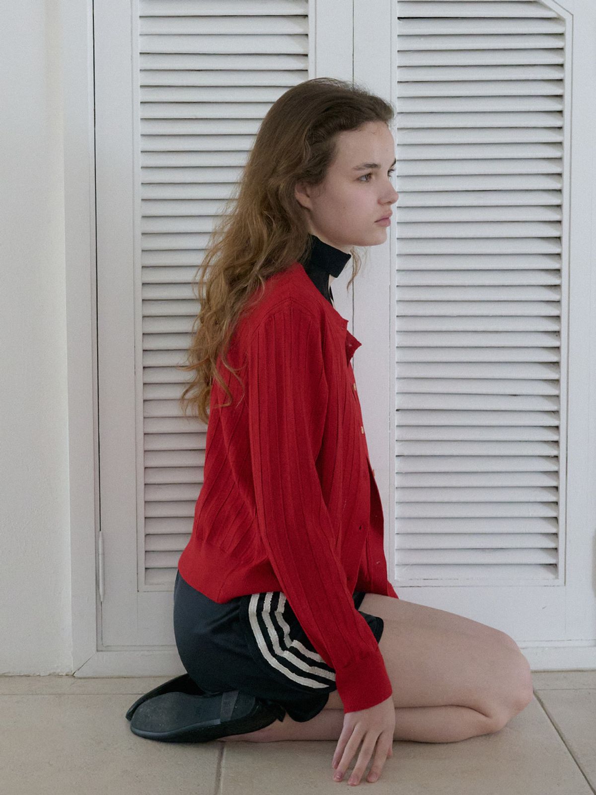엘씨브이(LCVE) EYELET STITCH KNIT CARDIGAN_RED