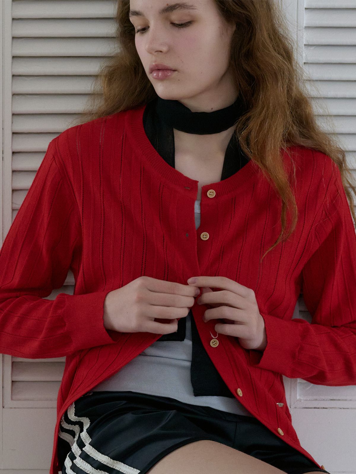 엘씨브이(LCVE) EYELET STITCH KNIT CARDIGAN_RED