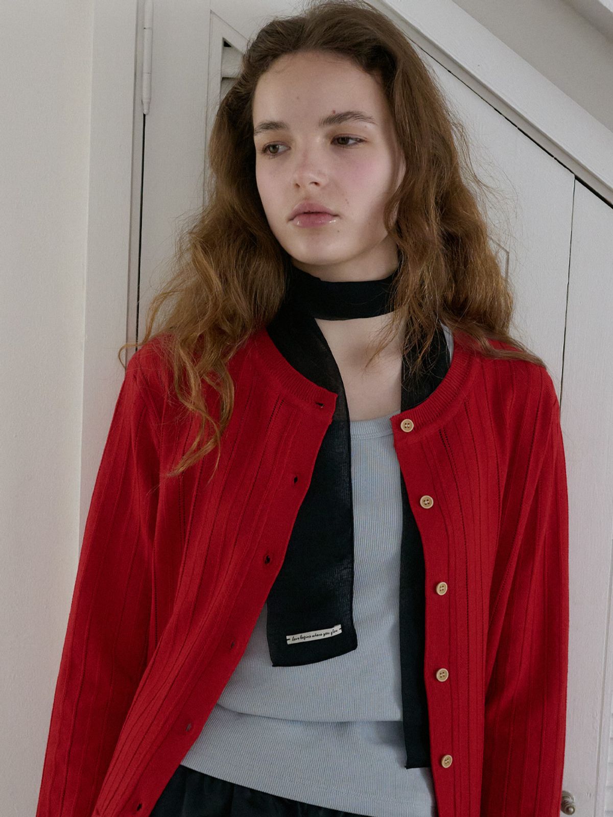 엘씨브이(LCVE) EYELET STITCH KNIT CARDIGAN_RED