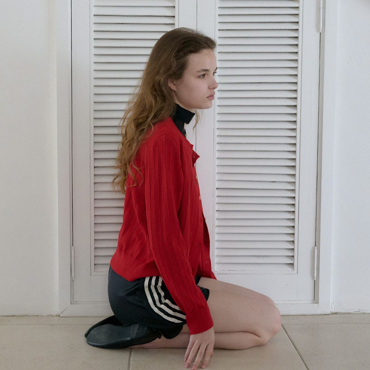 엘씨브이(LCVE) EYELET STITCH KNIT CARDIGAN_RED