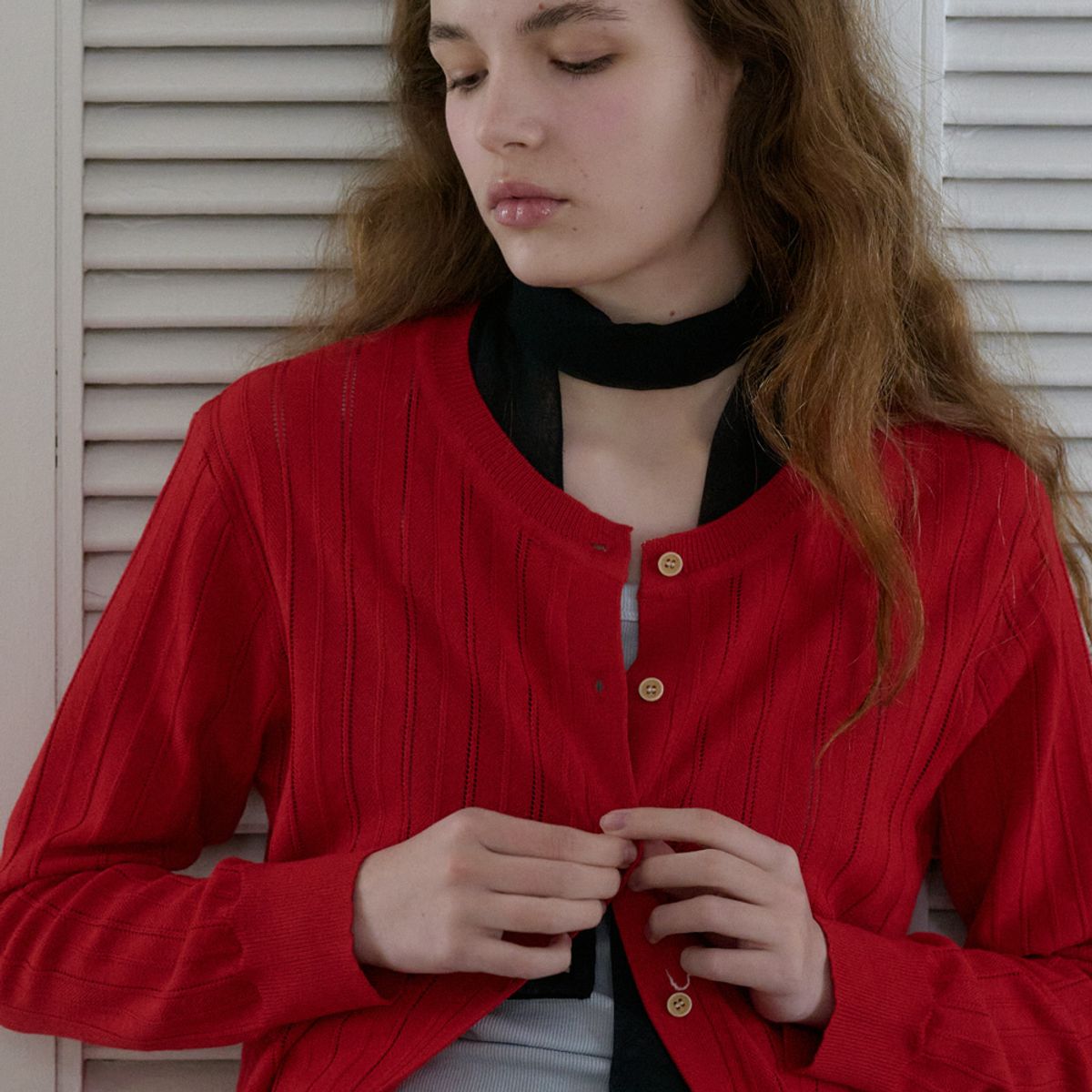 엘씨브이(LCVE) EYELET STITCH KNIT CARDIGAN_RED