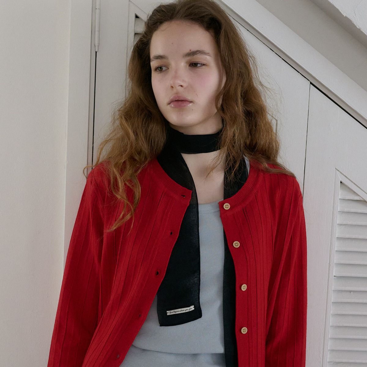 엘씨브이(LCVE) EYELET STITCH KNIT CARDIGAN_RED