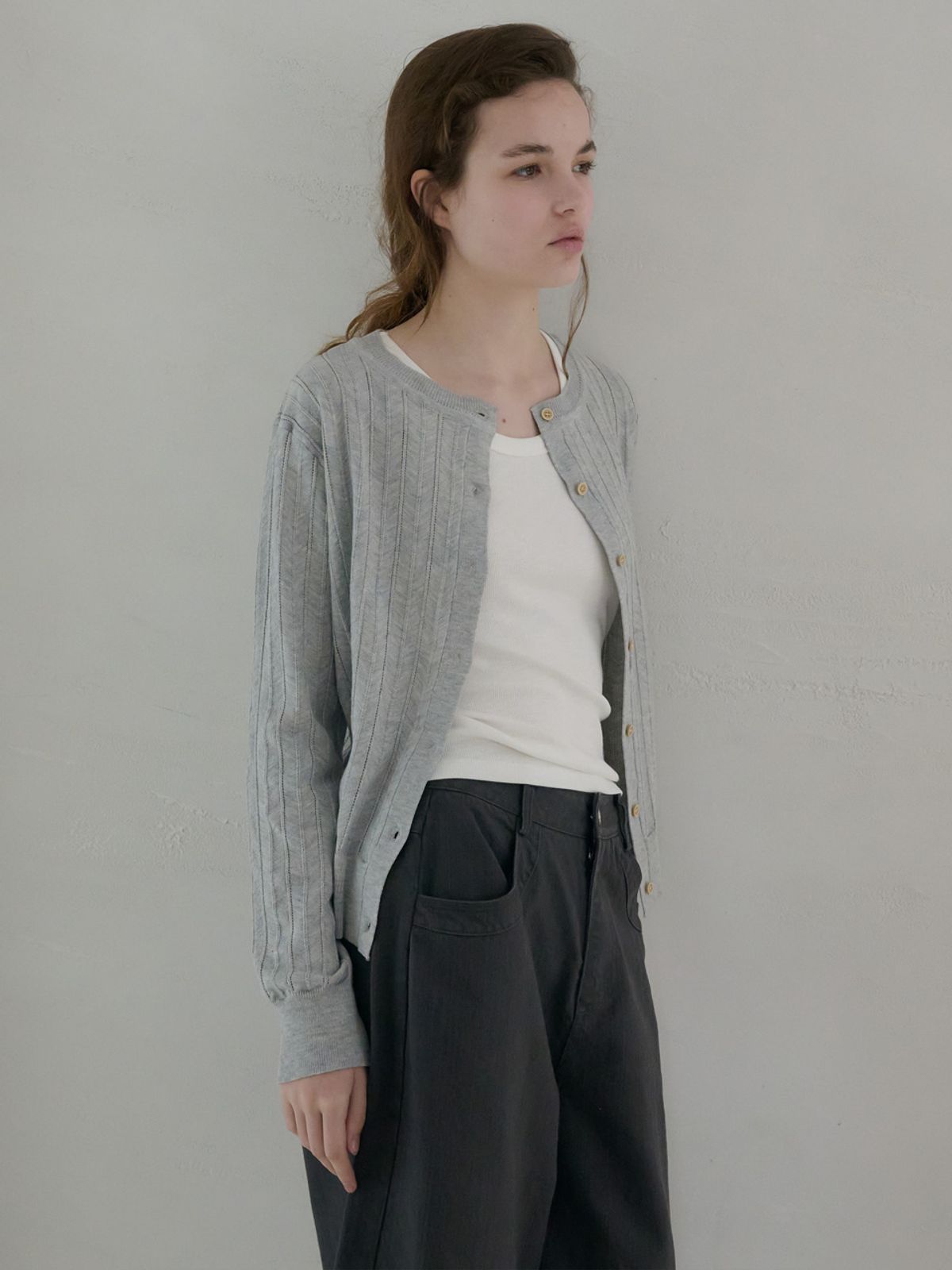 엘씨브이(LCVE) EYELET STITCH KNIT CARDIGAN_LIGHT GRAY
