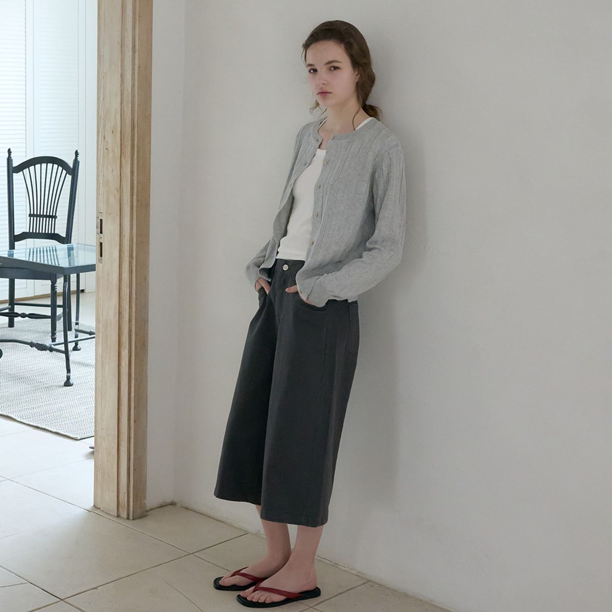 엘씨브이(LCVE) EYELET STITCH KNIT CARDIGAN_LIGHT GRAY