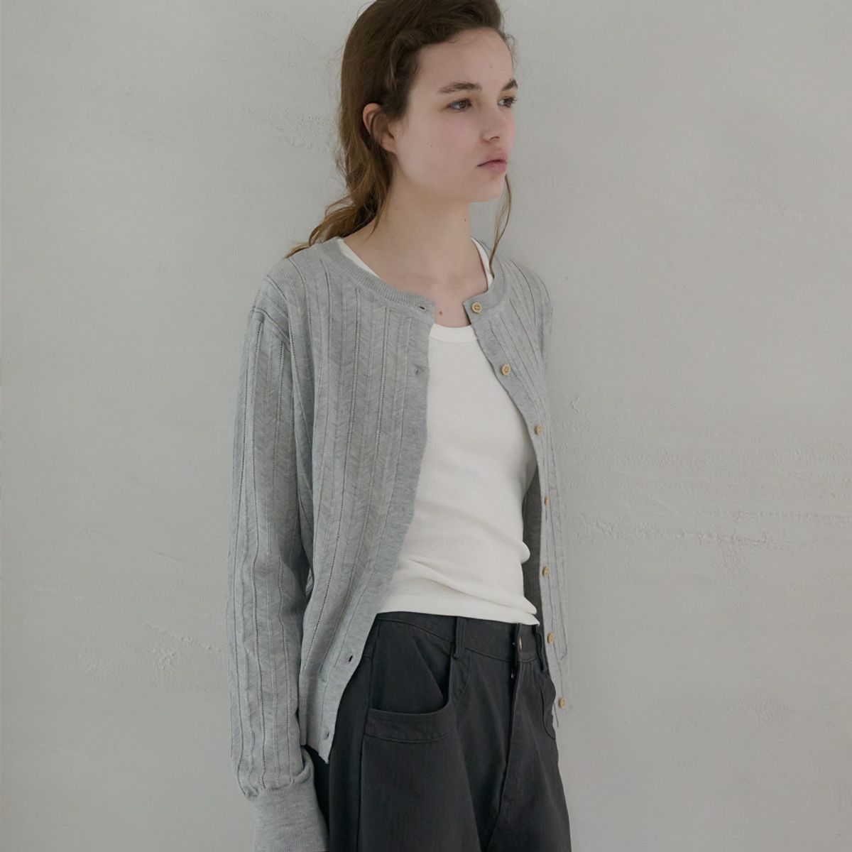 엘씨브이(LCVE) EYELET STITCH KNIT CARDIGAN_LIGHT GRAY